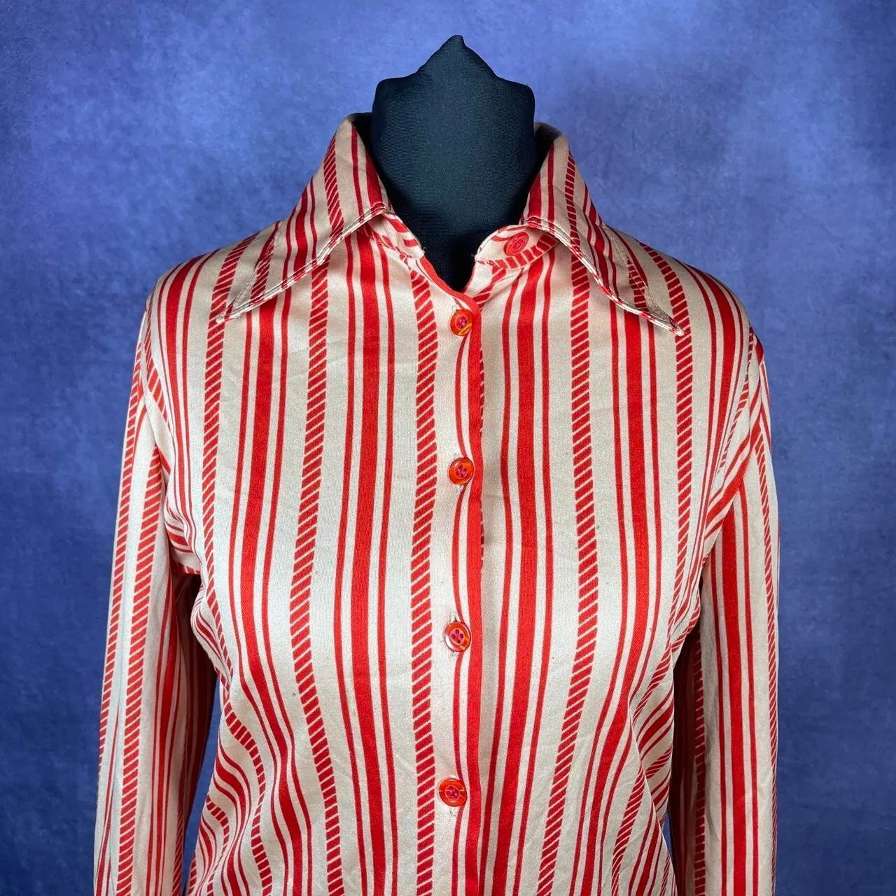 Vintage 1970s Dagger Collar Shirt Yellow Red Stripe Size 8