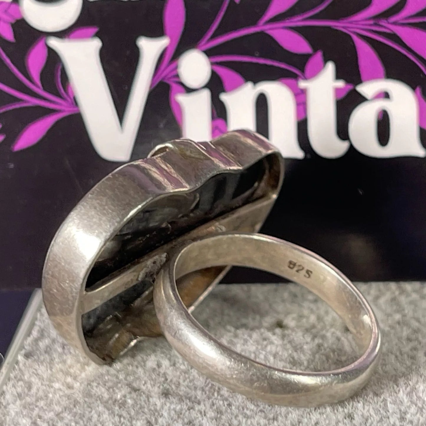 Vintage 1990s Onyx Double Heart SIlver Ring Size Q.5 / 8.25