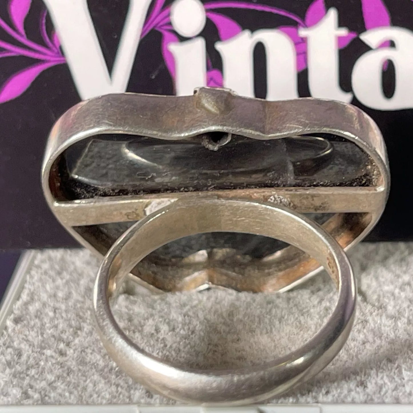 Vintage 1990s Onyx Double Heart SIlver Ring Size Q.5 / 8.25