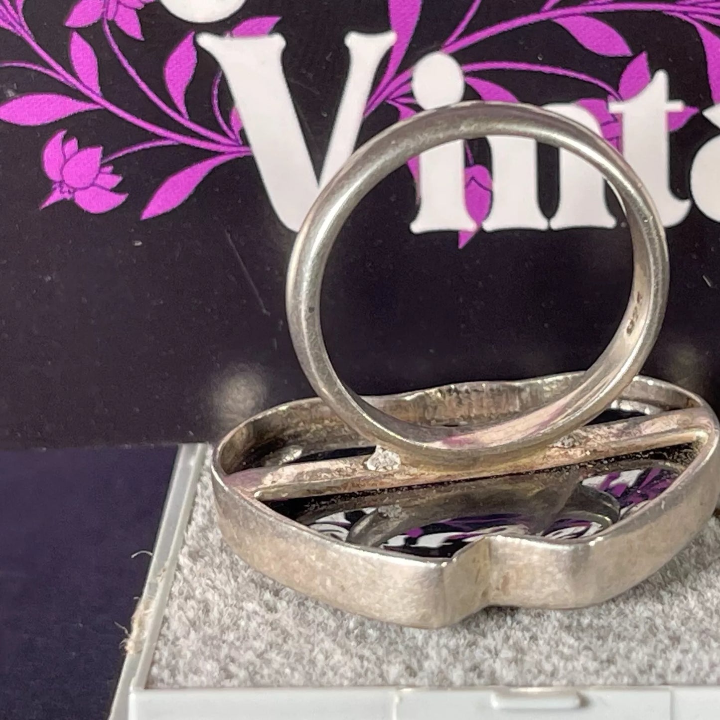 Vintage 1990s Onyx Double Heart SIlver Ring Size Q.5 / 8.25