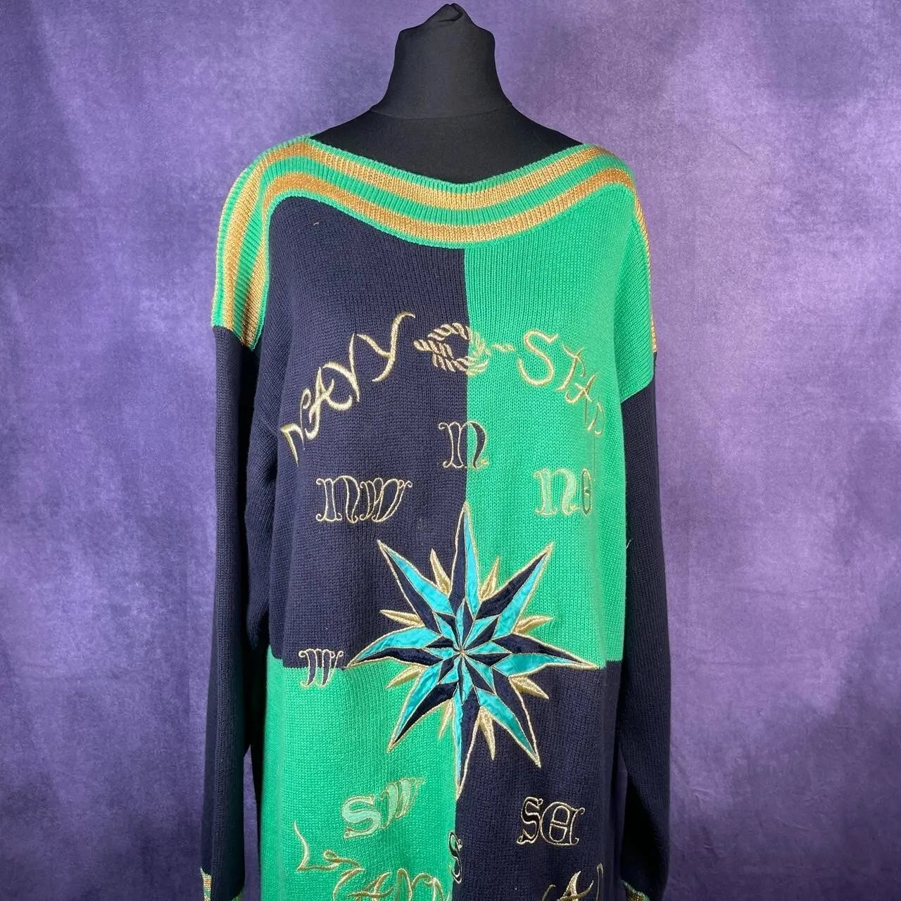 Vintage 1980s Vianni Designer Green Black Gold Navy Star Size 16