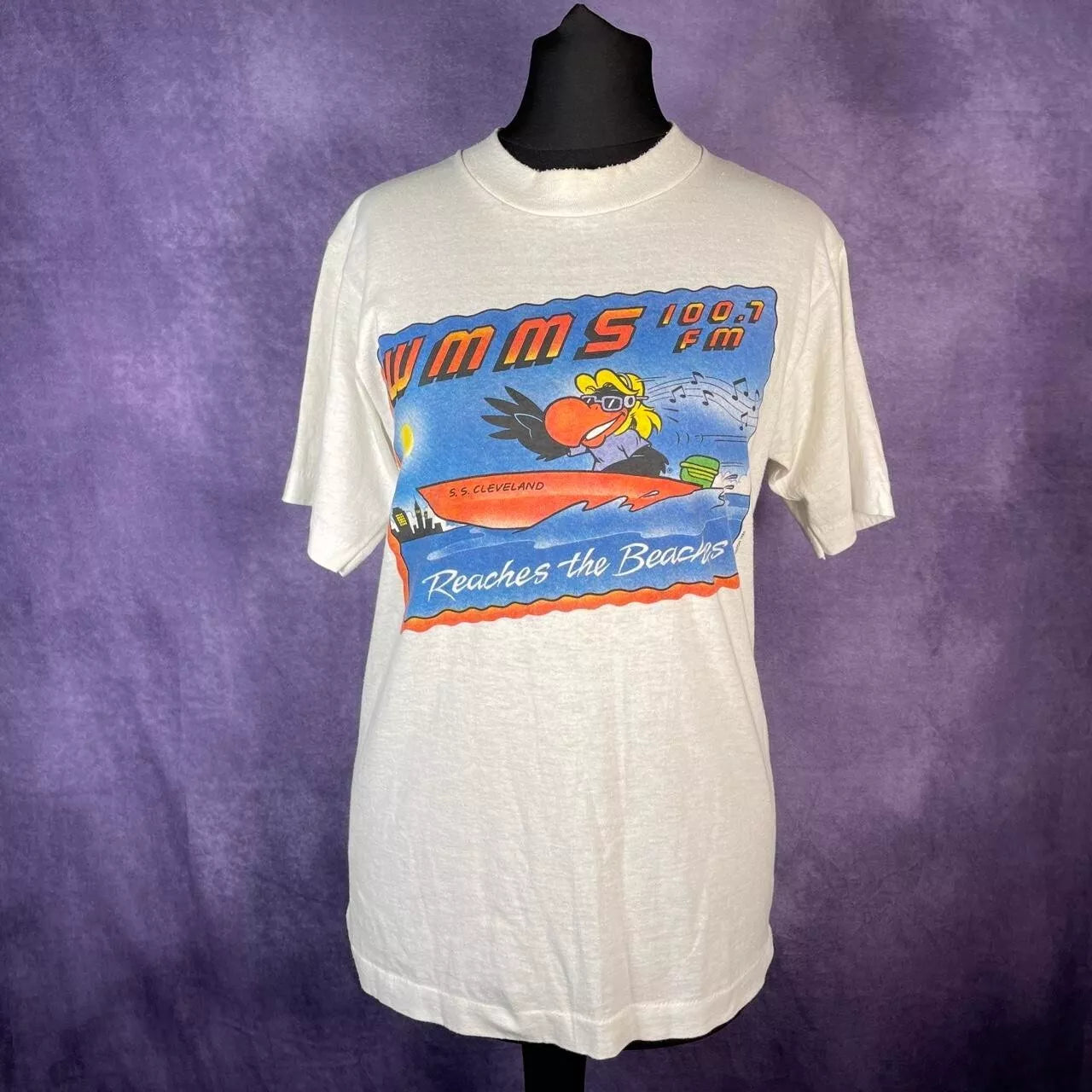 Vintage 1986 WMMS SS Cleveland David Helton Single Stitch White Ladies T-Shirt S