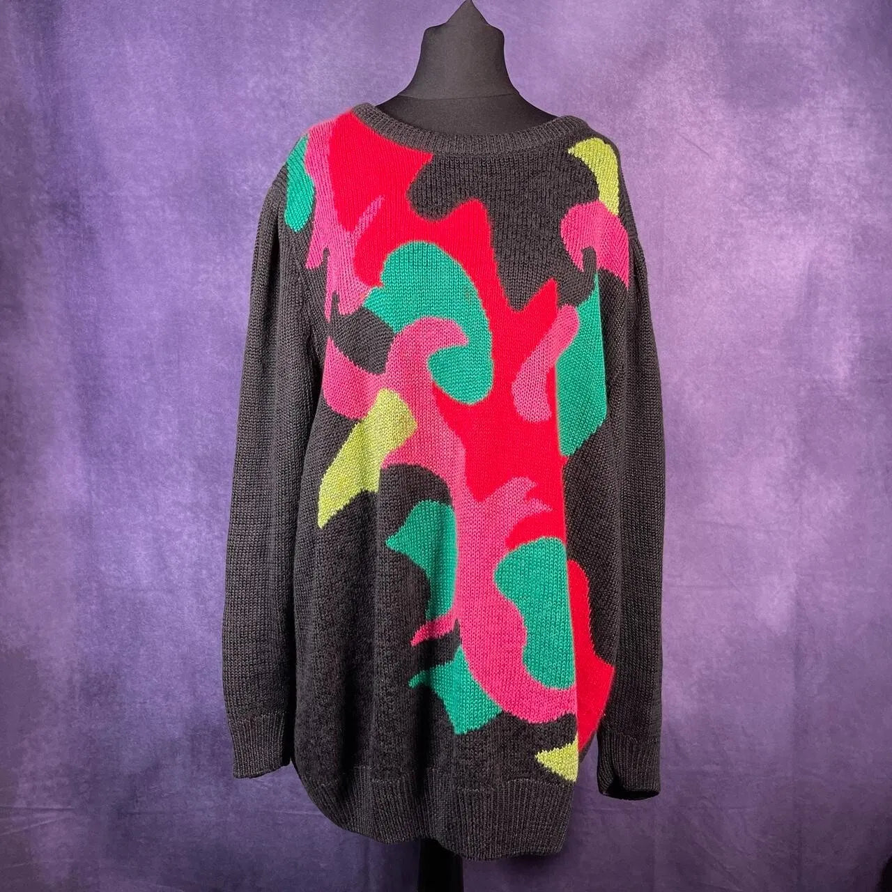 Vintage 1980s Marco Pecci Sweater Pullover Black Pink Red Green Size XXL