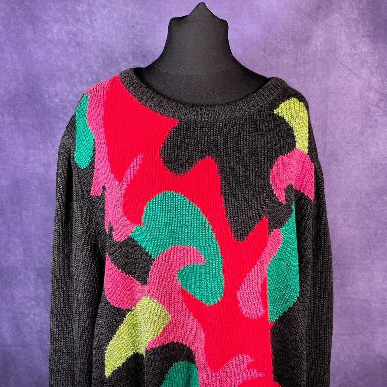 Vintage 1980s Marco Pecci Sweater Pullover Black Pink Red Green Size XXL