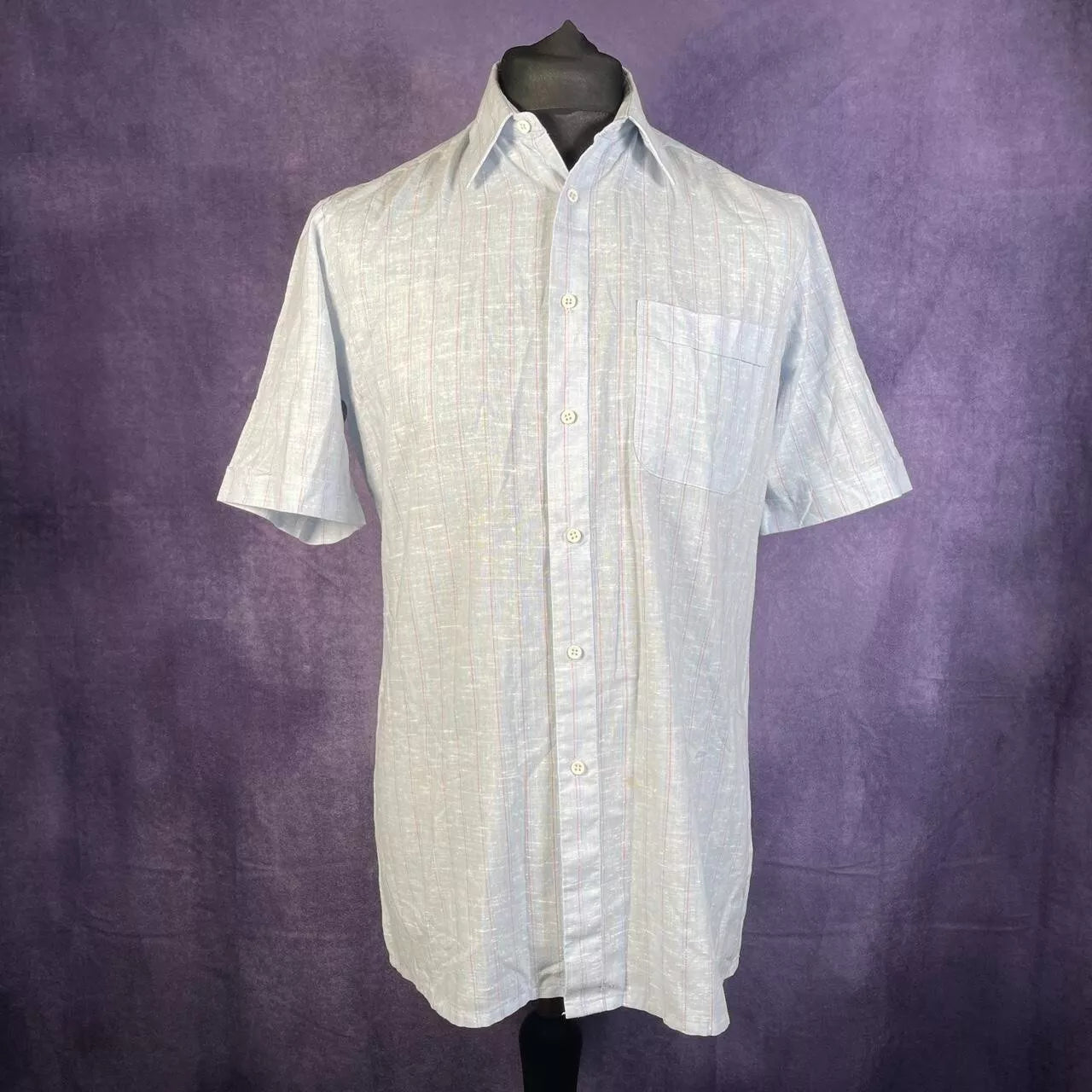 Vintage Blue Red Yellow Stripes Dagger Collar 1970s Short Sleeve Penney 38/39 L