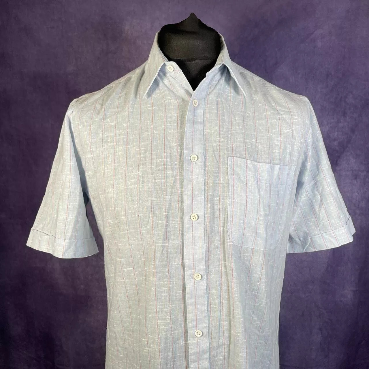 Vintage Blue Red Yellow Stripes Dagger Collar 1970s Short Sleeve Penney 38/39 L