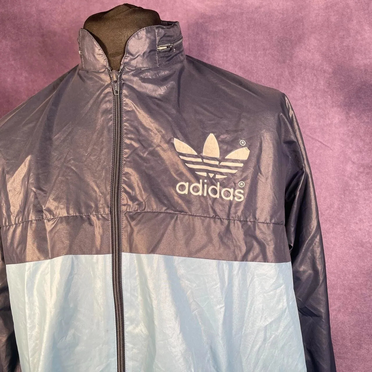 Vintage Blue & Navy Adidas 80's Packable Zip Hooded Windbreaker Size XL