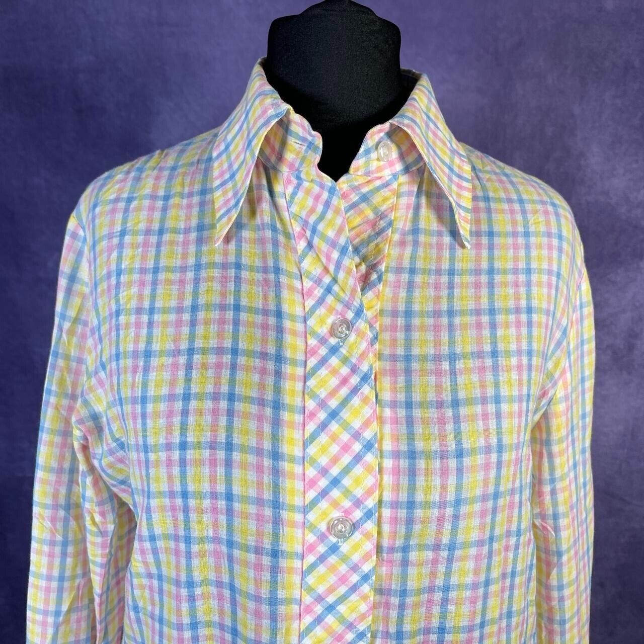 Vintage Yellow Pink Blue White Plaid 1970s Ladies Dagger Collar Shirt. Mod Skinh