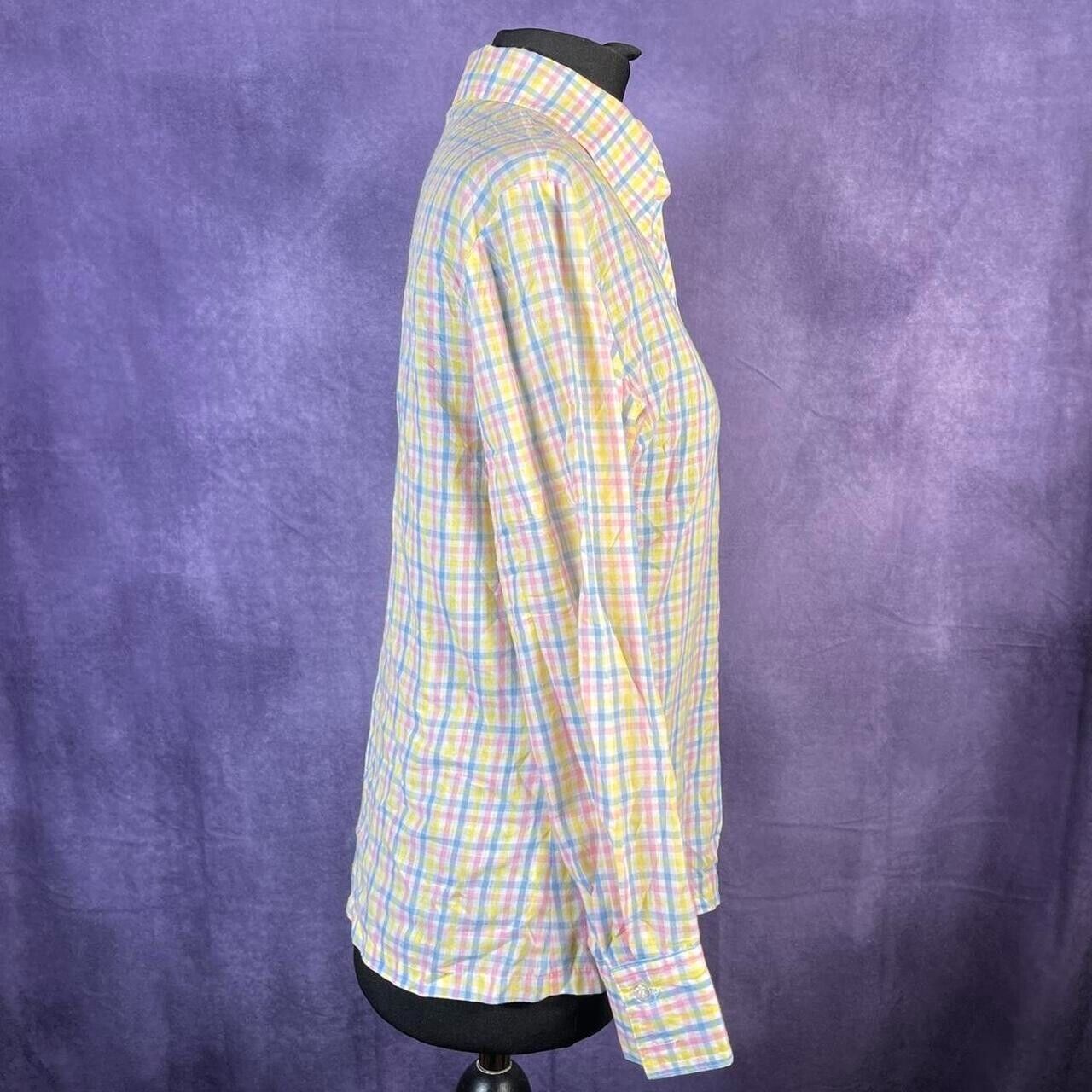 Vintage Yellow Pink Blue White Plaid 1970s Ladies Dagger Collar Shirt. Mod Skinh