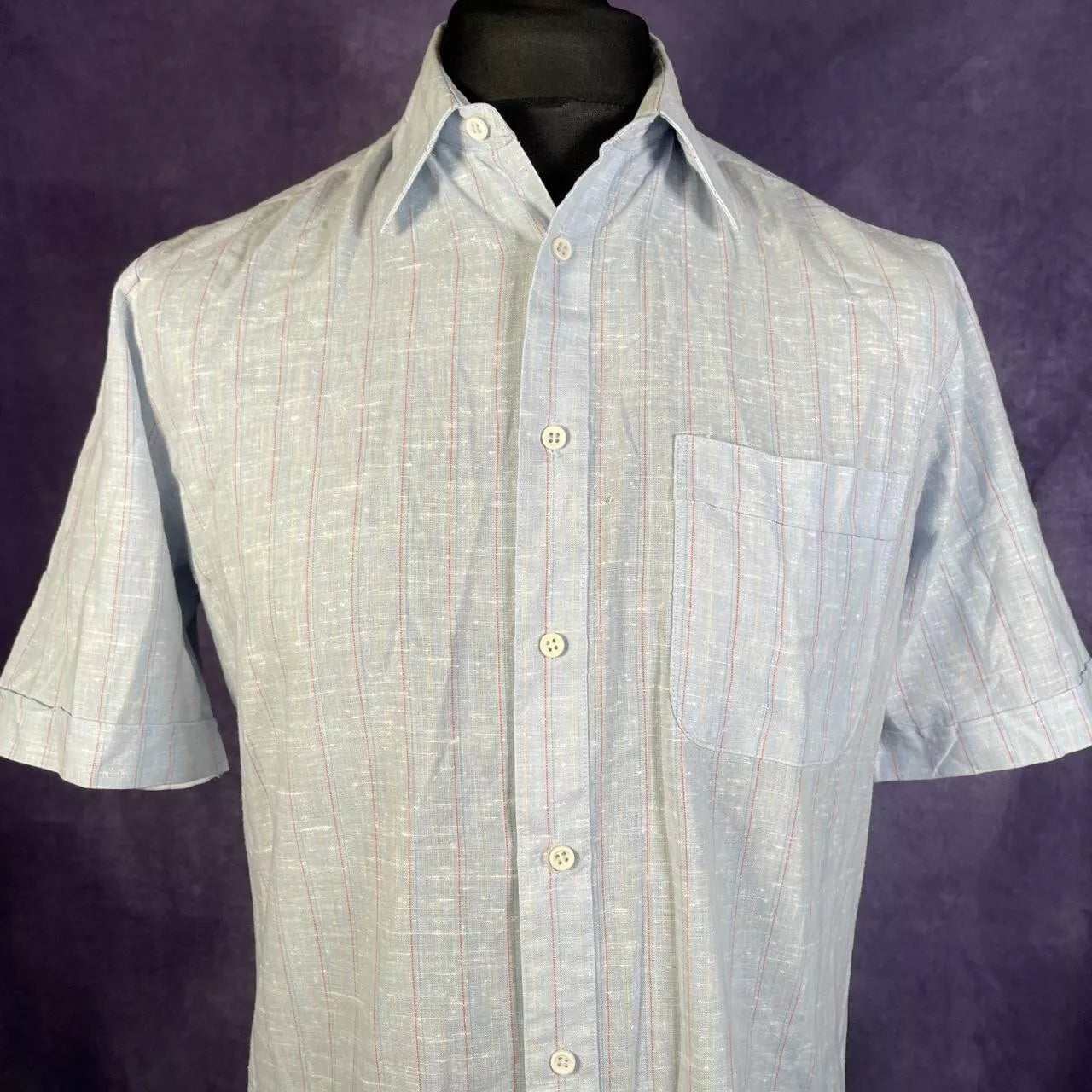 Vintage Blue Red Yellow Stripes Dagger Collar 1970s Short Sleeve Penney 38/39 L