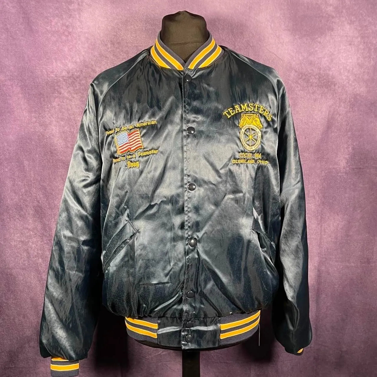Vintage 80s King Louie Blue Yellow Satin Varsity Proud To Be American