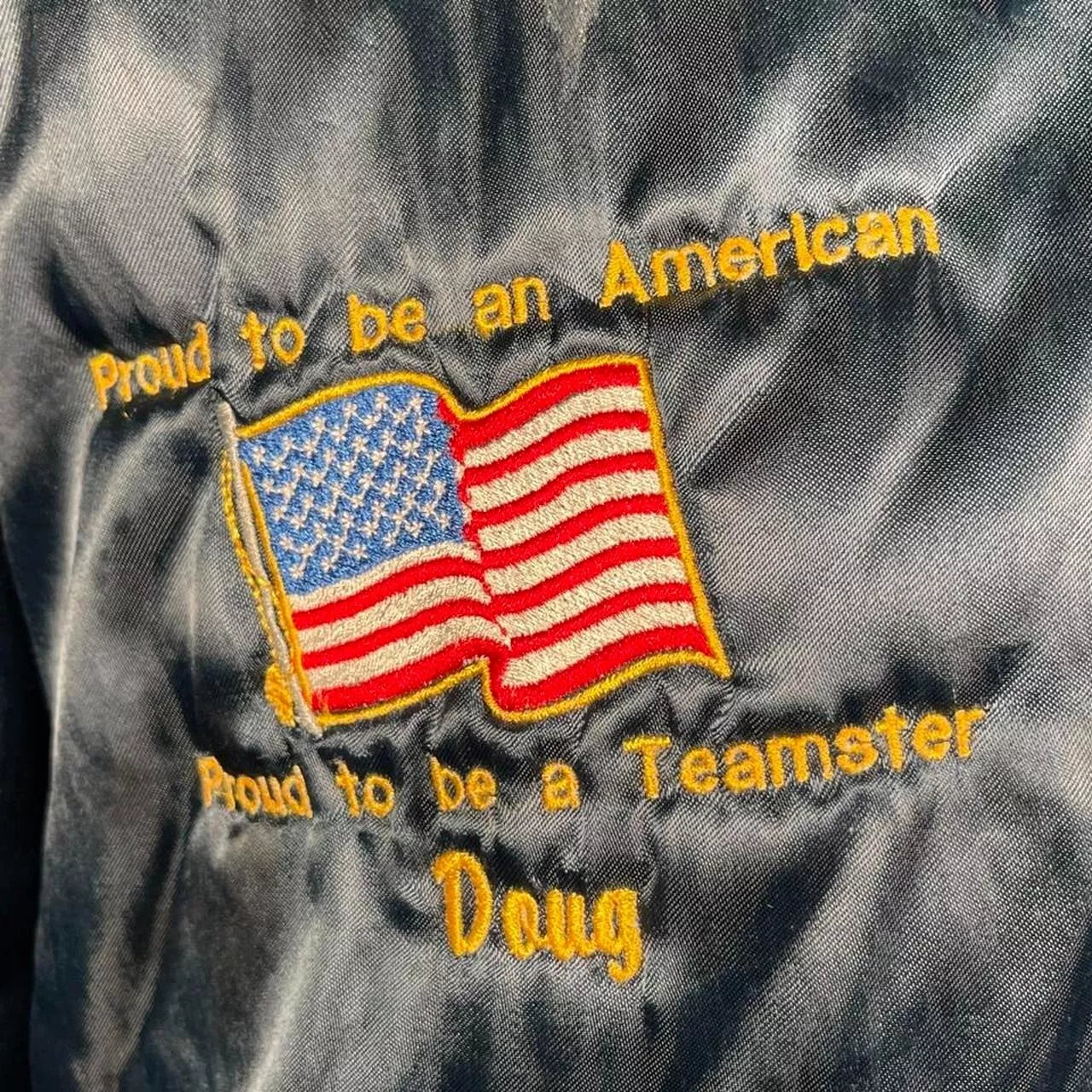 Vintage 80s King Louie Blue Yellow Satin Varsity Proud To Be American