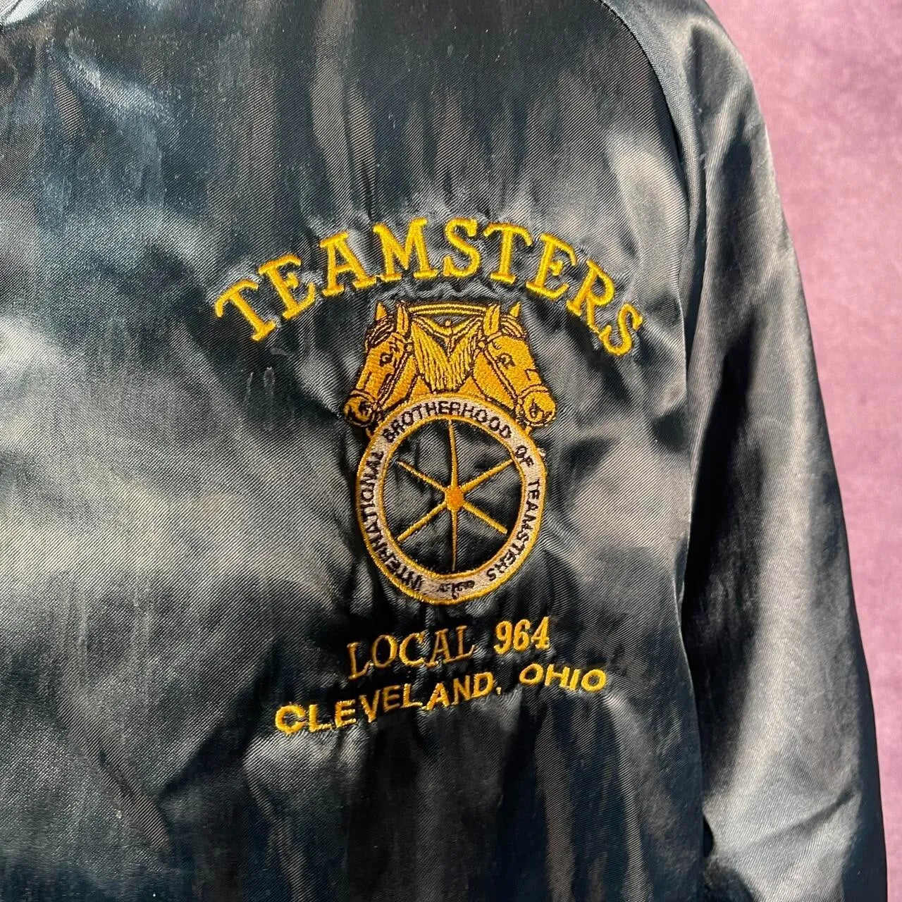 Vintage 80s King Louie Blue Yellow Satin Varsity Proud To Be American