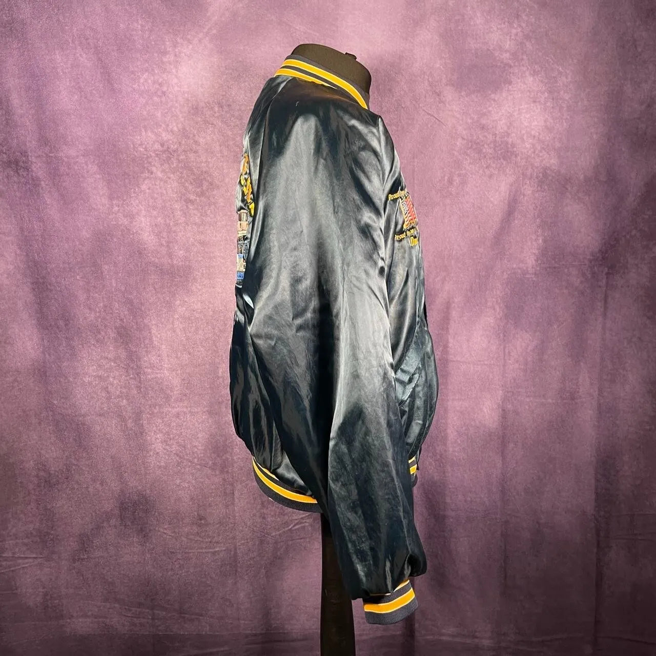 Vintage 80s King Louie Blue Yellow Satin Varsity Proud To Be American
