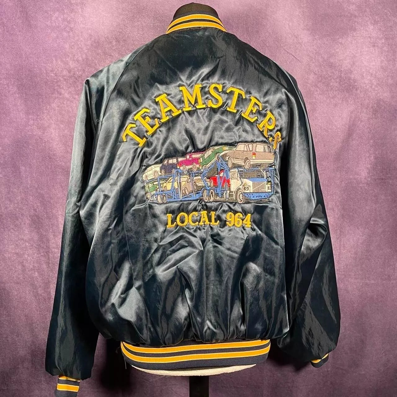 Vintage 80s King Louie Blue Yellow Satin Varsity Proud To Be American