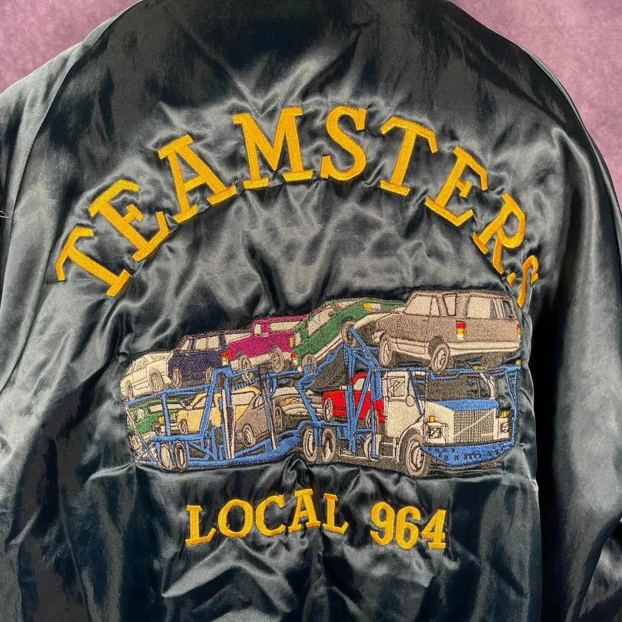 Vintage 80s King Louie Blue Yellow Satin Varsity Proud To Be American