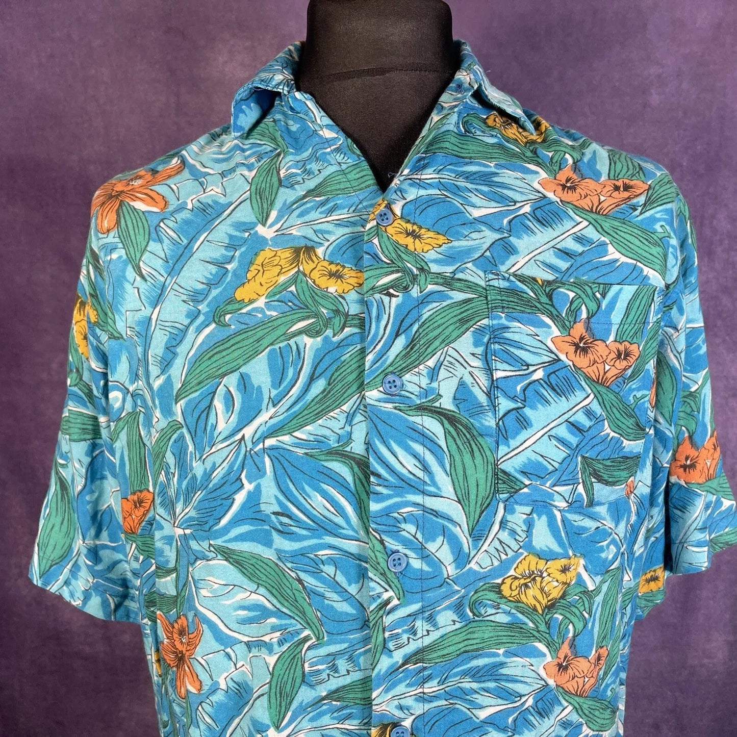 Vintage 80s Blue Tropical Hawaiian Size XL