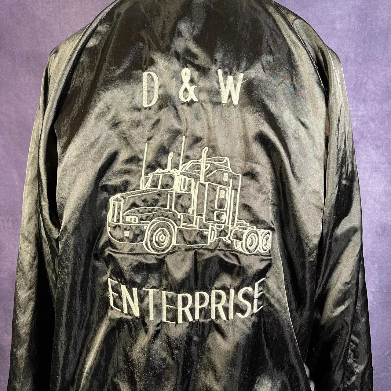 Black Satin D&W Enterprise Varsity Bomber 1980s Large