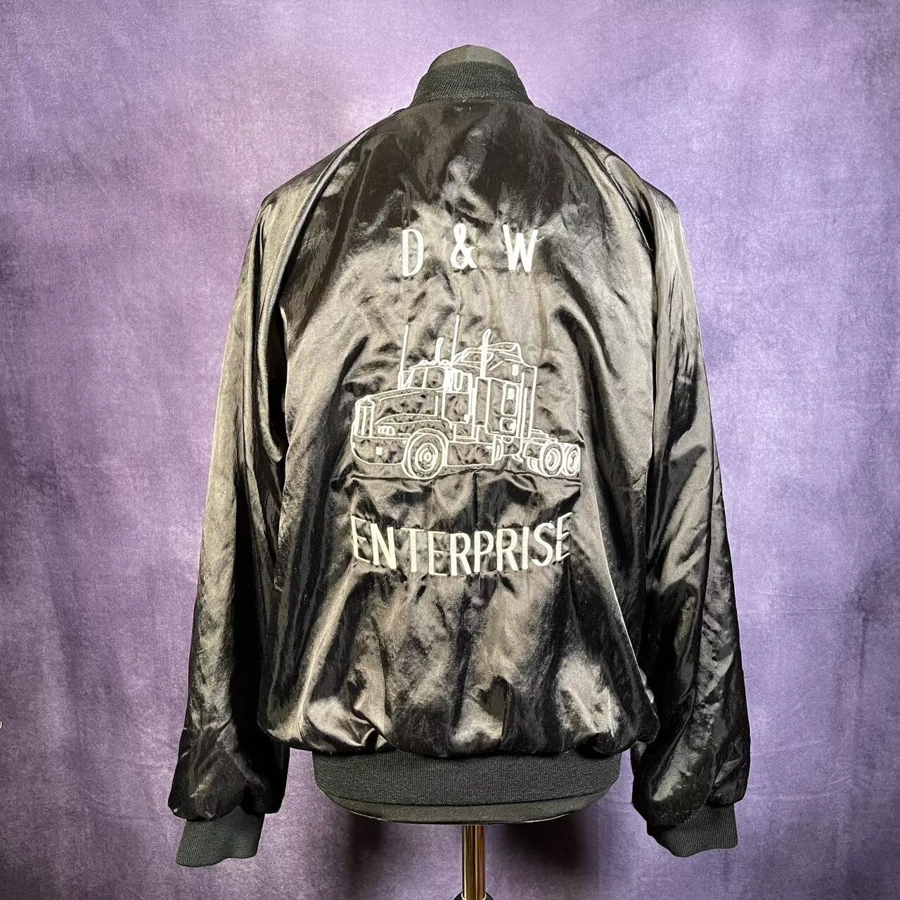 Black Satin D&W Enterprise Varsity Bomber 1980s Large