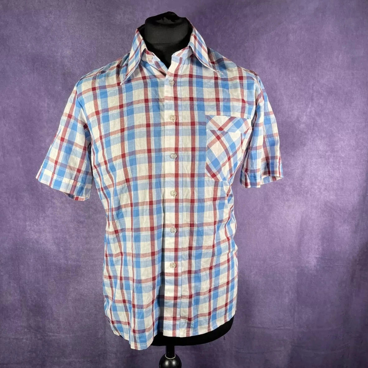Vintage 1970s Blue White Red Dagger Collar Check Shirt West Ham Vila Colours