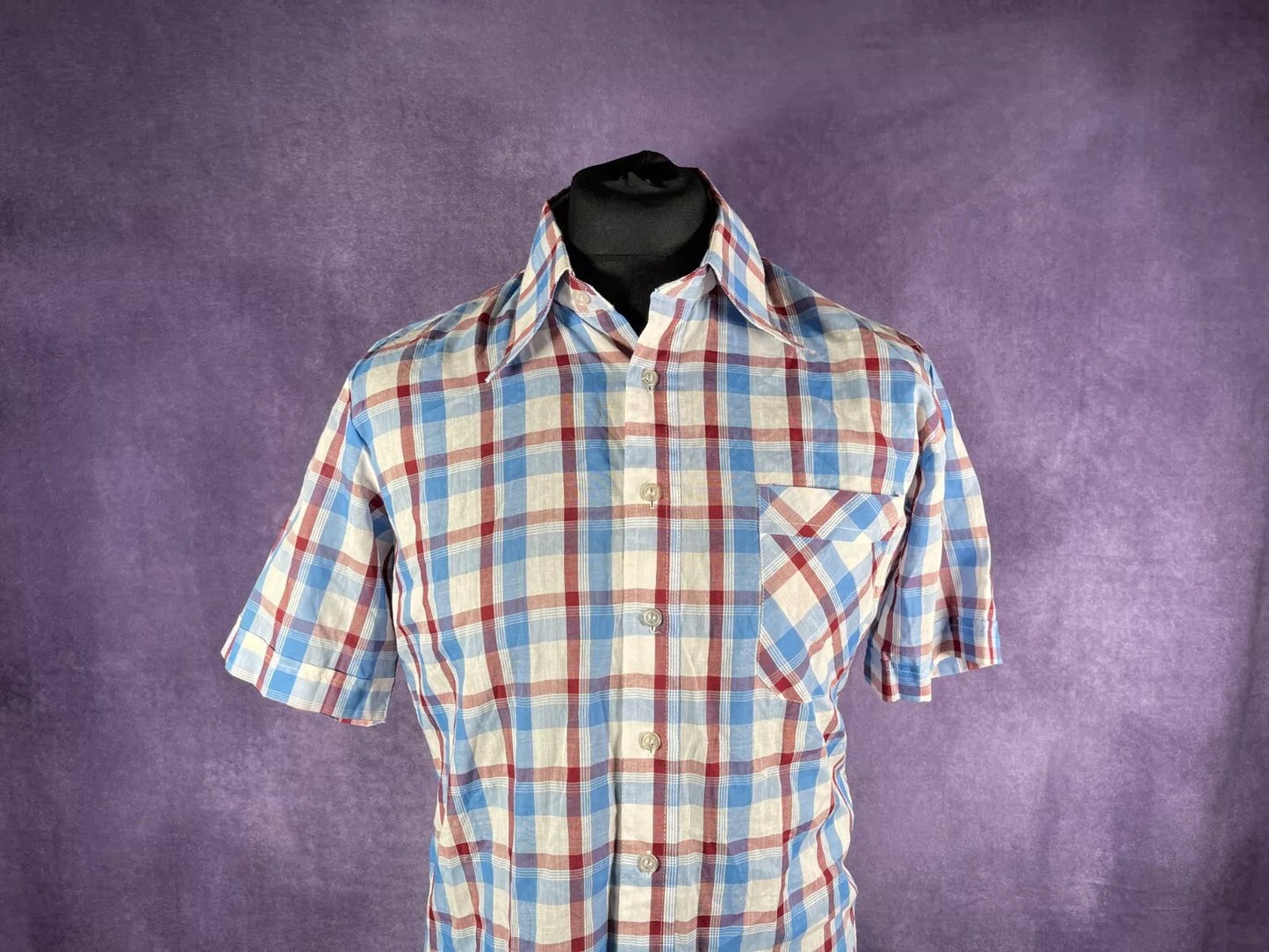 Vintage 1970s Blue White Red Dagger Collar Check Shirt West Ham Vila Colours