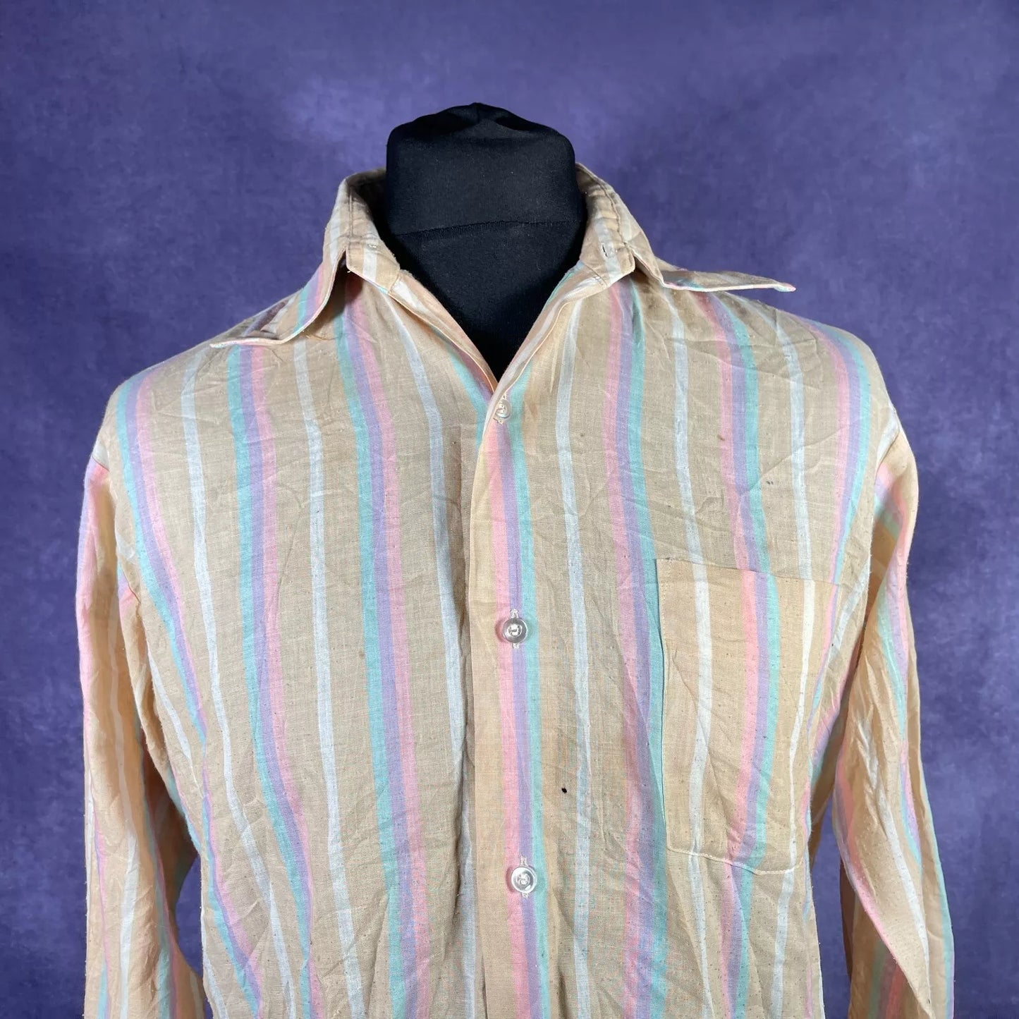 Vintage 1970s Beige Pink Blue Filene's Boston Dagger Collar Shirt Large/XL