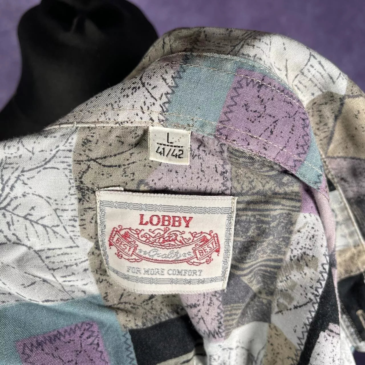 Vintage 90s Pattern Button Up Shirt Grey/Purple/Blue Lobby Short Sleeved
