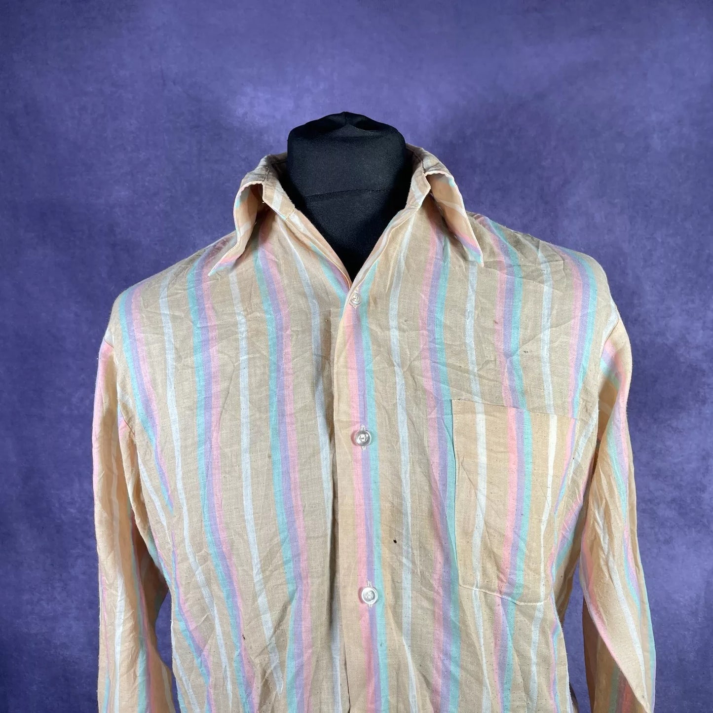 Vintage 1970s Beige Pink Blue Filene's Boston Dagger Collar Shirt Large/XL