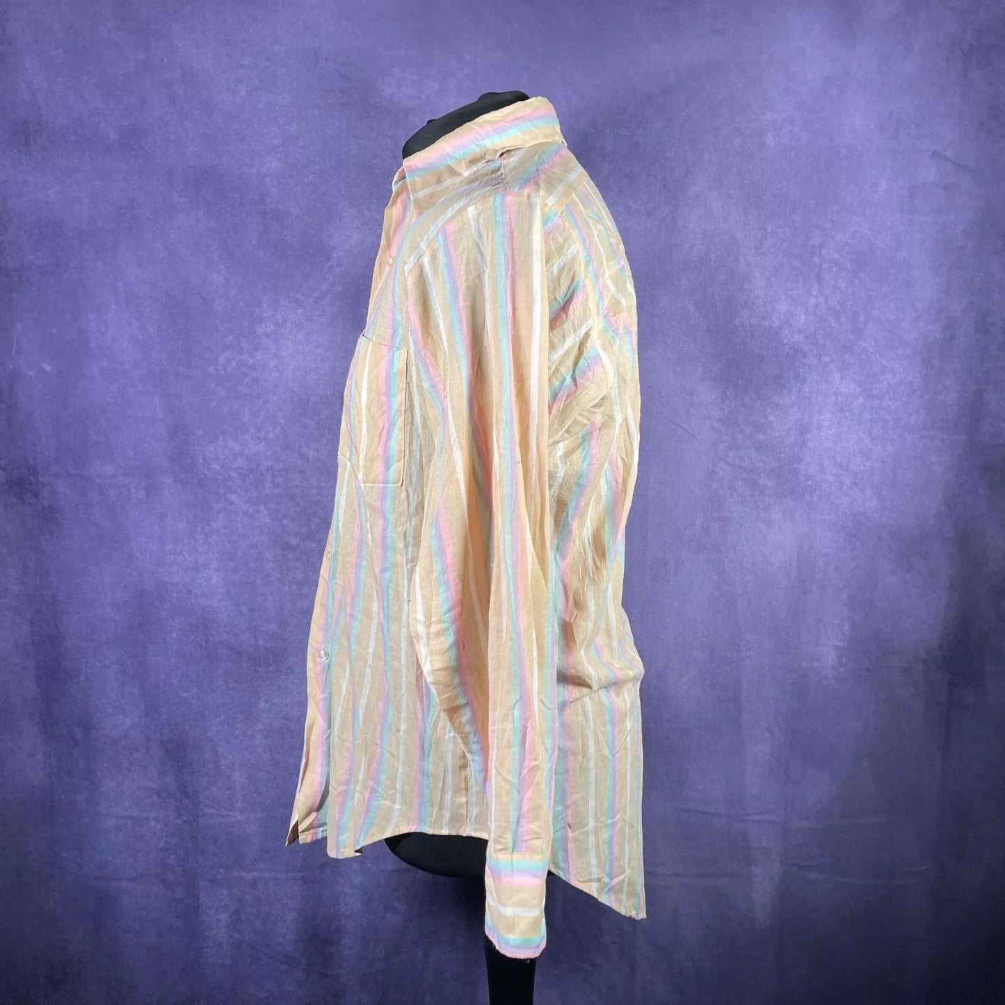 Vintage 1970s Beige Pink Blue Filene's Boston Dagger Collar Shirt Large/XL