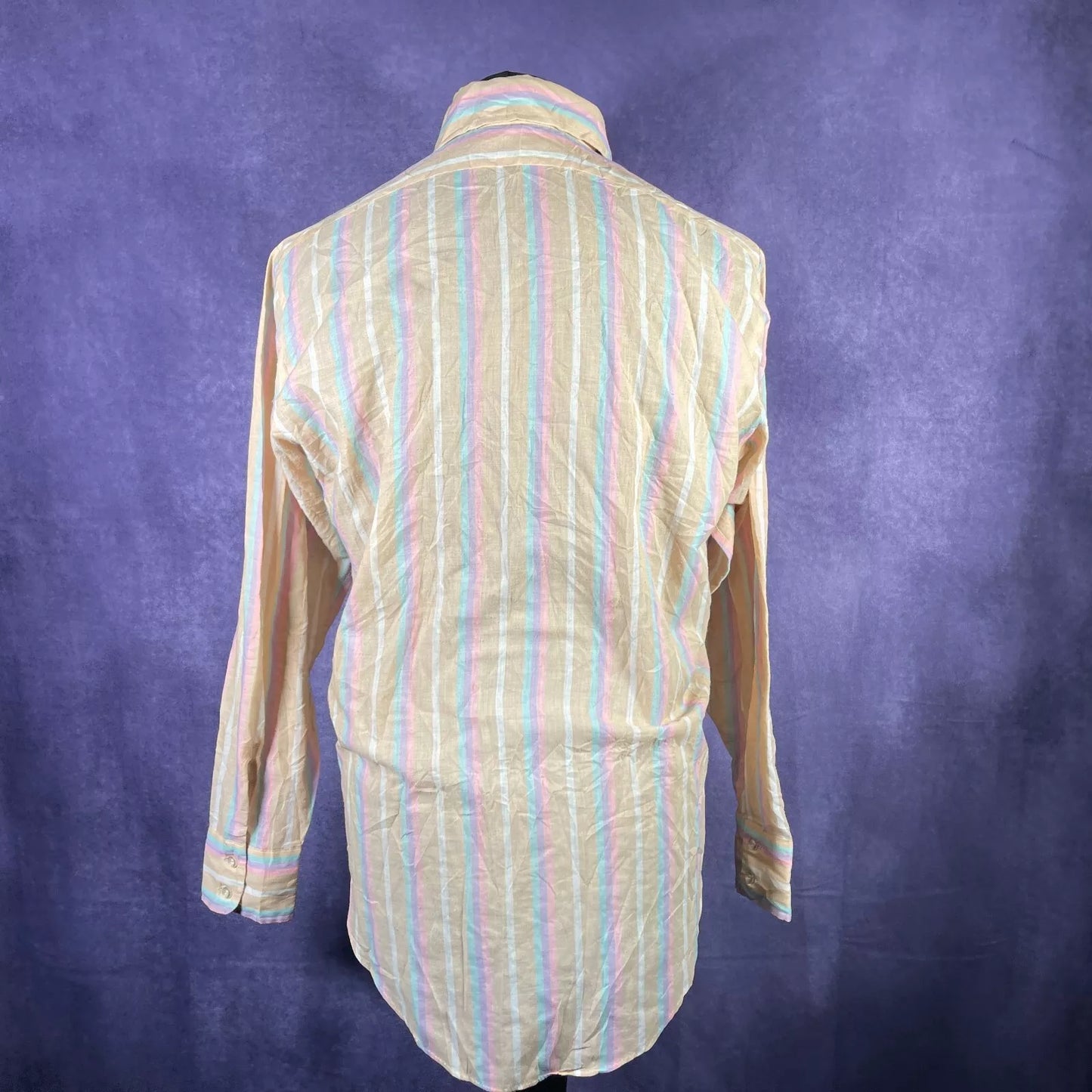 Vintage 1970s Beige Pink Blue Filene's Boston Dagger Collar Shirt Large/XL