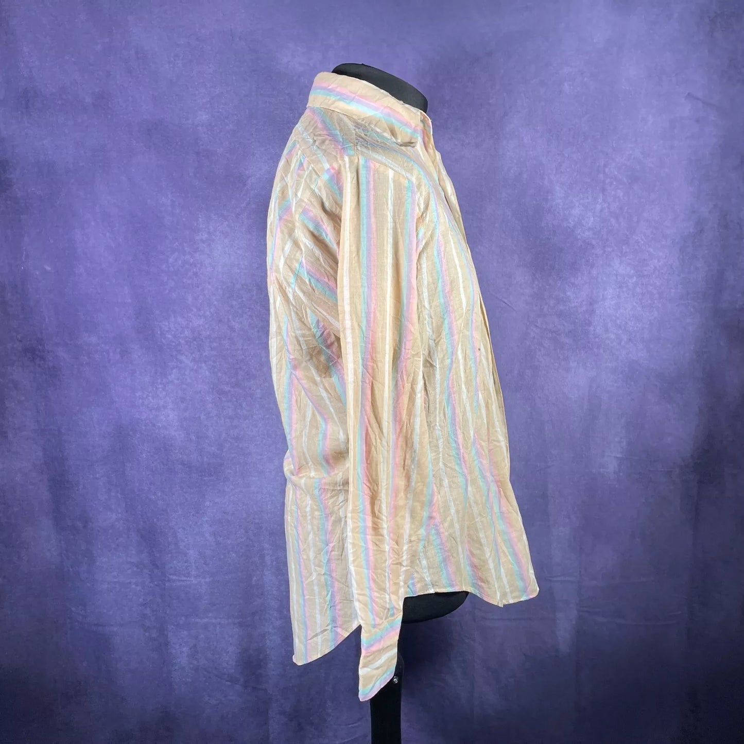 Vintage 1970s Beige Pink Blue Filene's Boston Dagger Collar Shirt Large/XL
