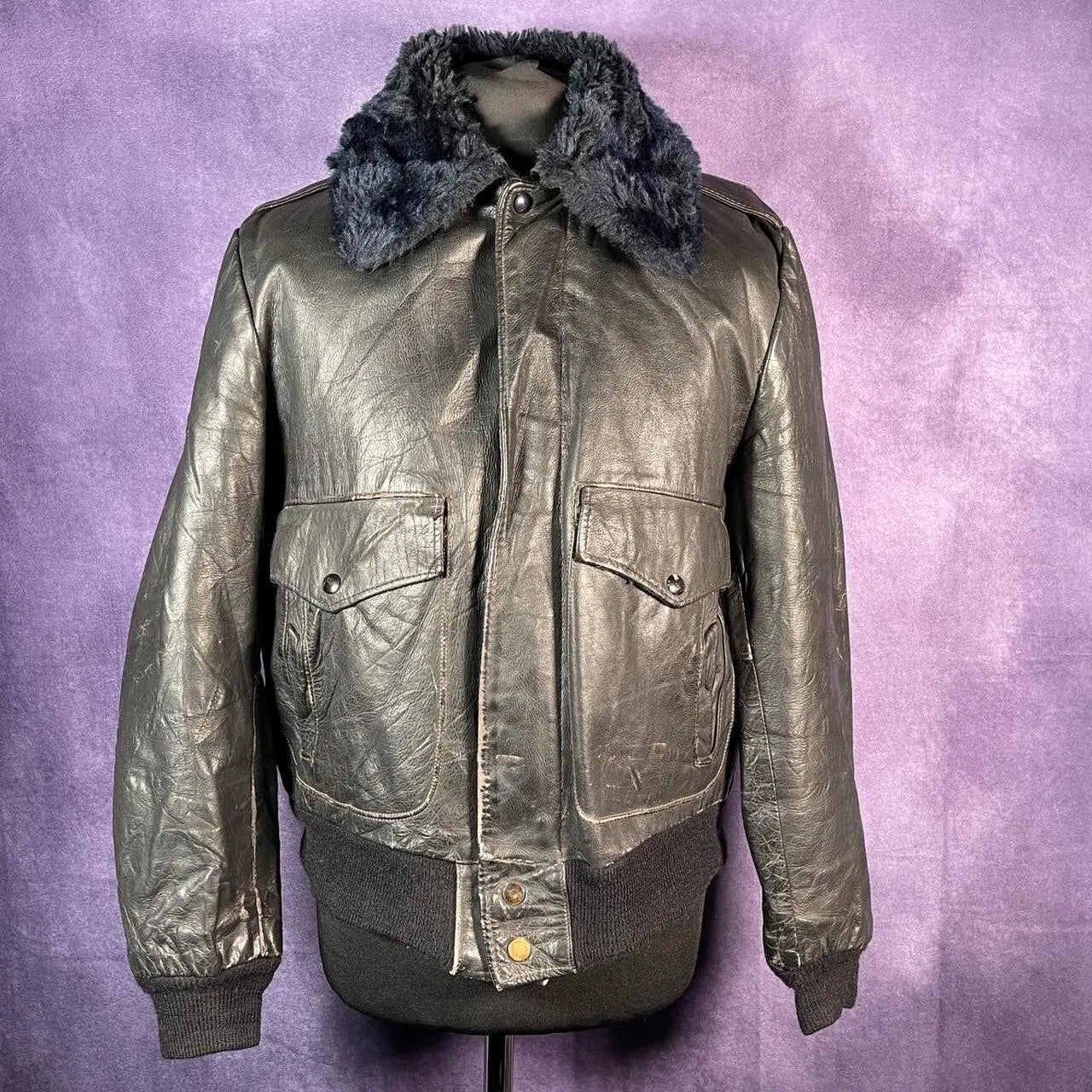 Vintage 70s Excelled Leather Bomber Flight Jacket Black Size Xl