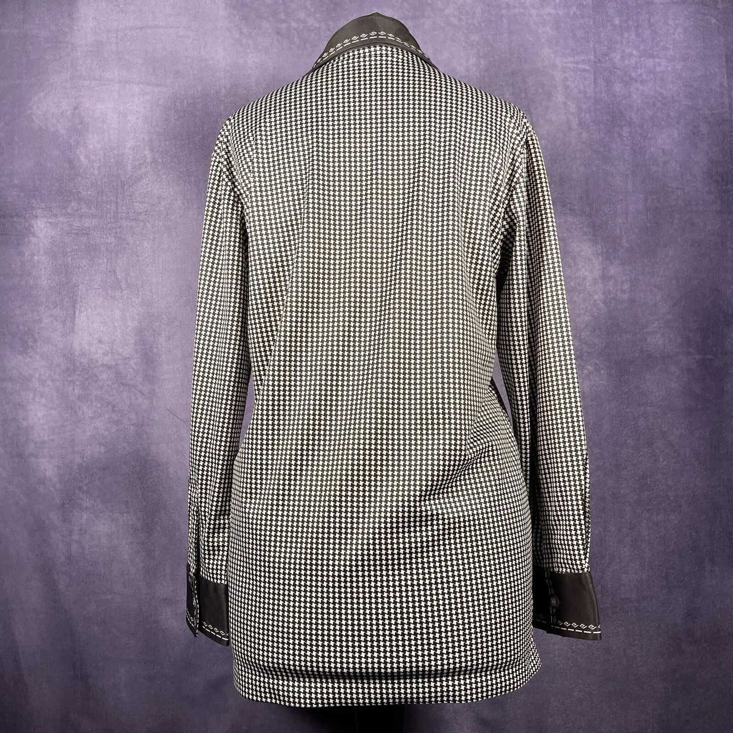 Vintage 70s Black White Mens Dogtooth Polo Dagger Collar Shirt Rockabilly