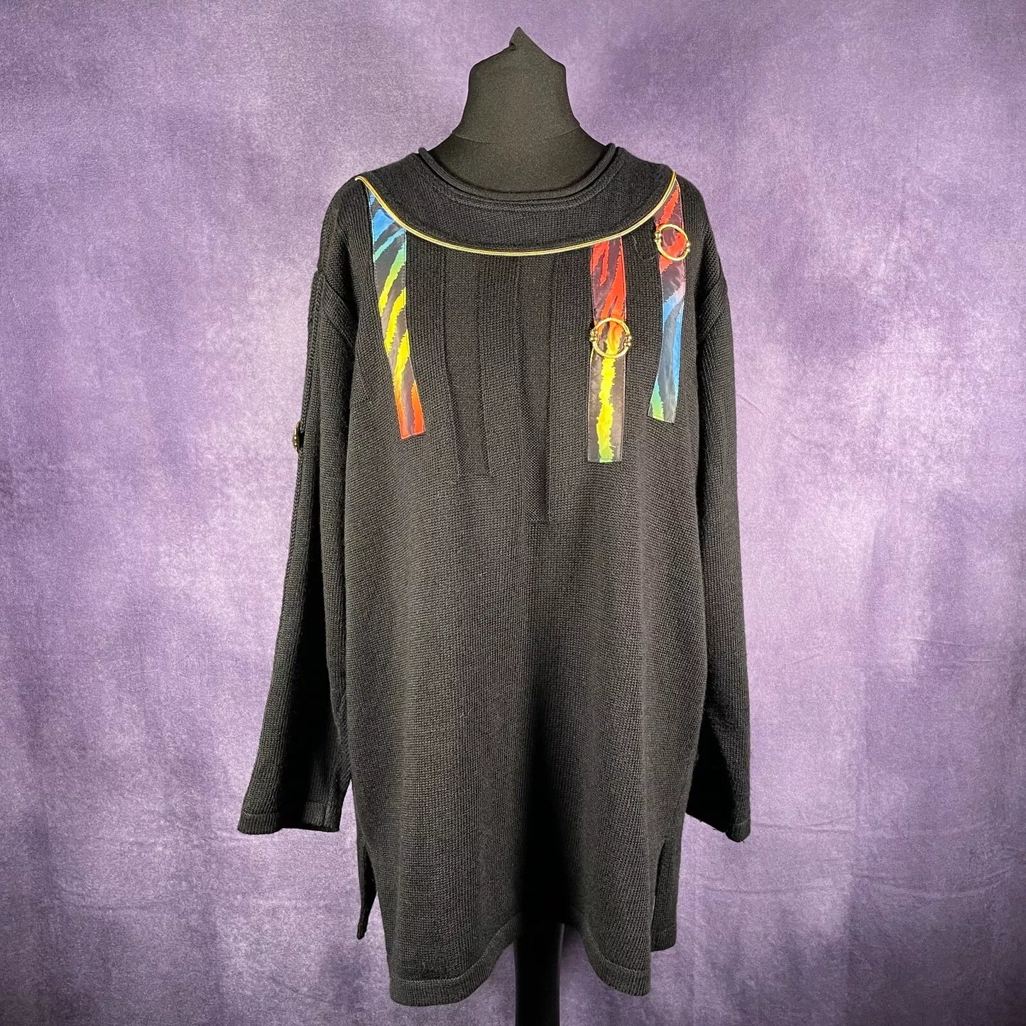 Vintage 1980s Contessa Velit Barl Sweater Black Gold Trim Multi-Coloured Zebra P