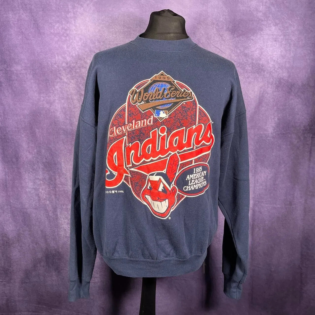 Vintage 1995 Cleveland Indians World Series Sweater Crew Jumper Navy Fruit of Lo