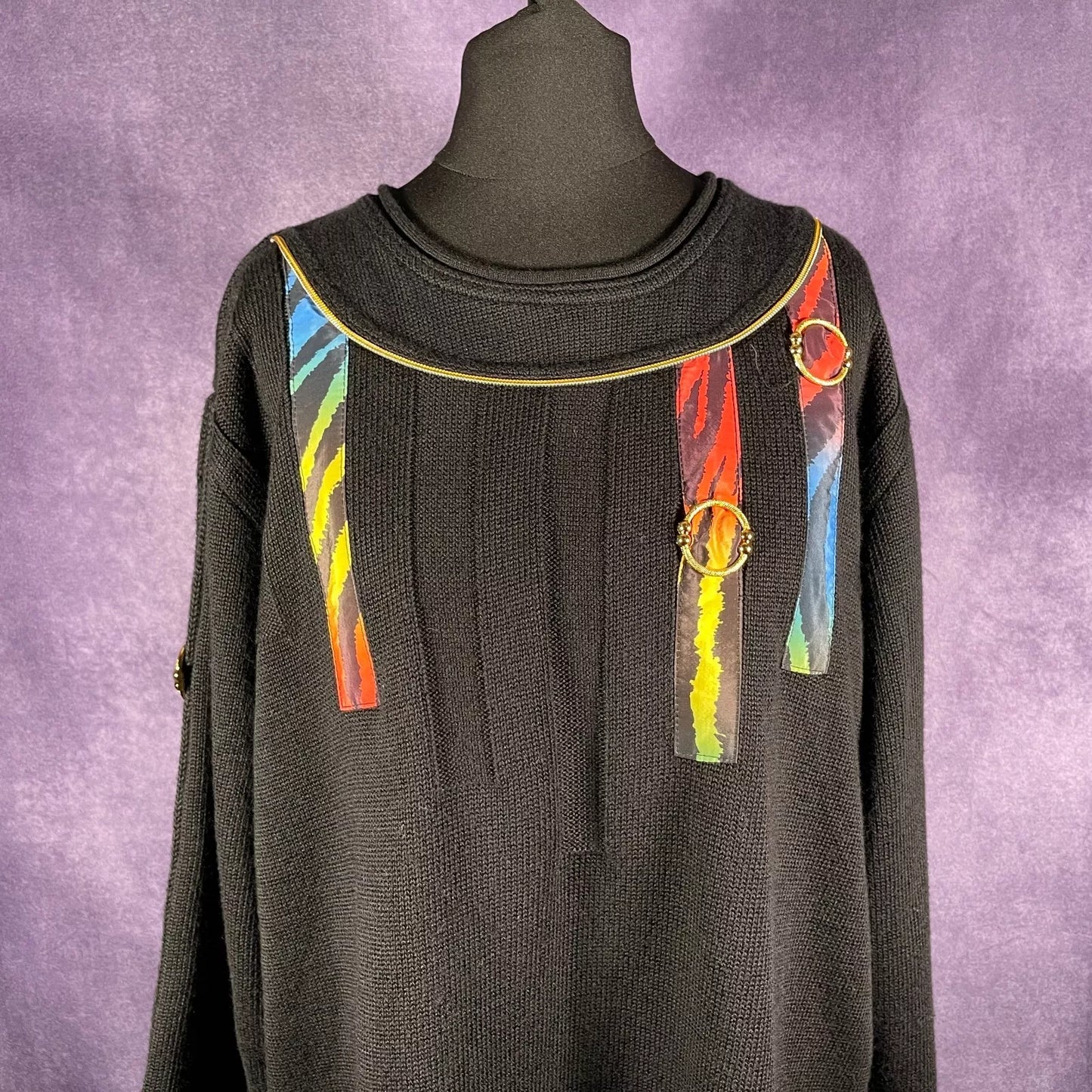 Vintage 1980s Contessa Velit Barl Sweater Black Gold Trim Multi-Coloured Zebra P