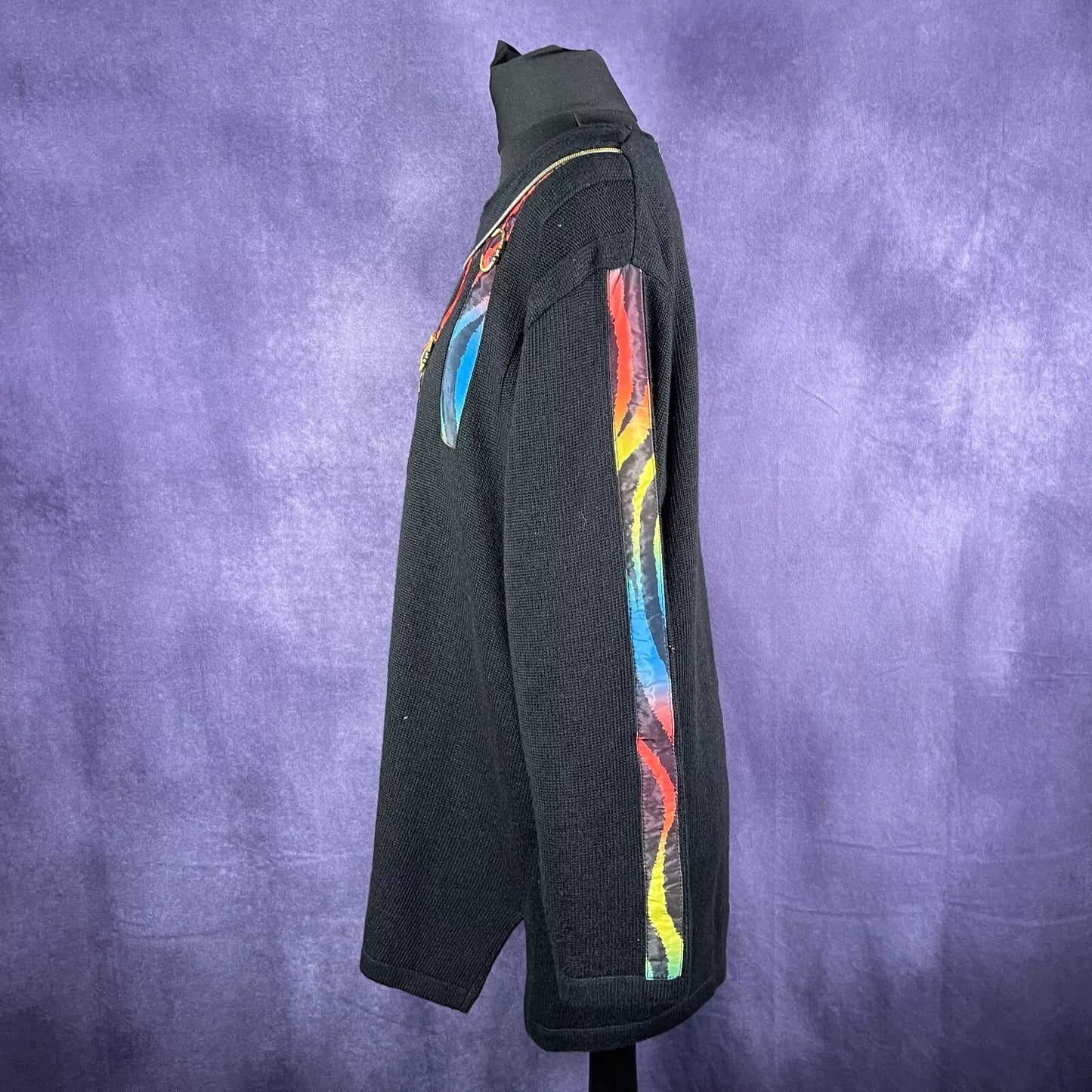 Vintage 1980s Contessa Velit Barl Sweater Black Gold Trim Multi-Coloured Zebra P