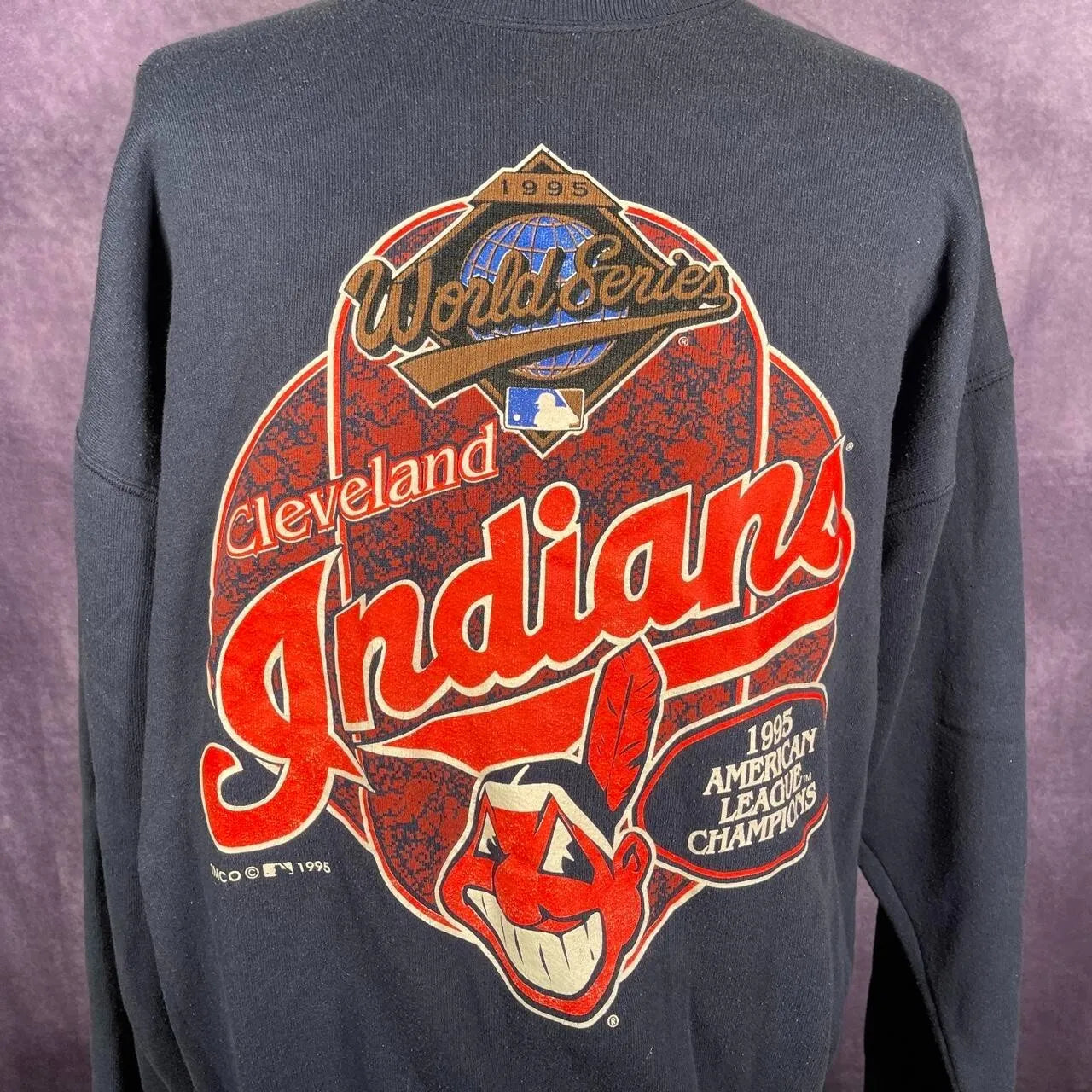 Vintage 1995 Cleveland Indians World Series Sweater Crew Jumper Navy Fruit of Lo