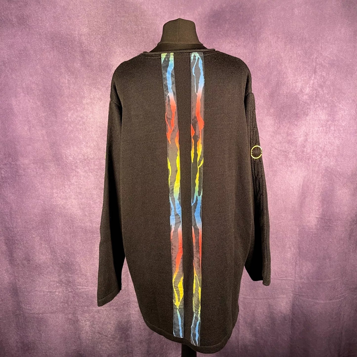 Vintage 1980s Contessa Velit Barl Sweater Black Gold Trim Multi-Coloured Zebra P