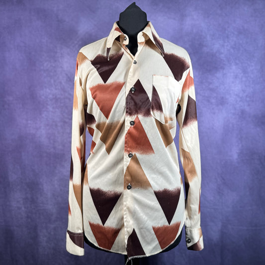 Vintage Mens 1970s Beige Brown Dagger Collar Shirt XS