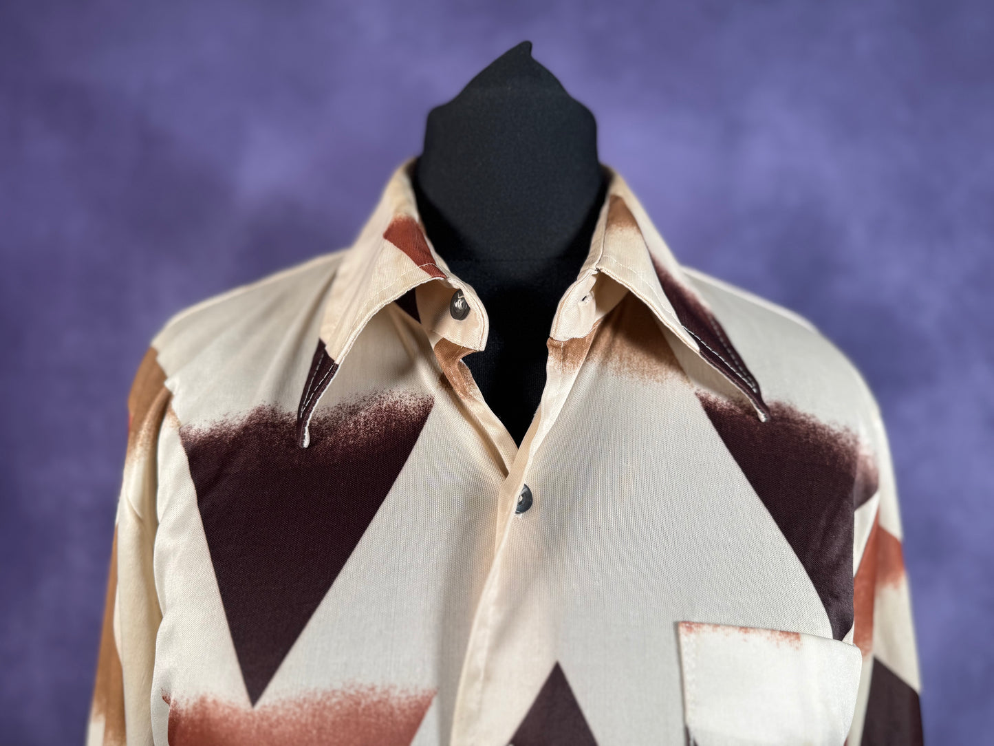 Vintage Mens 1970s Beige Brown Dagger Collar Shirt XS
