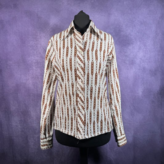 Vintage Ladies Dagger Collar White Brown Geo Pattern Shirt Button