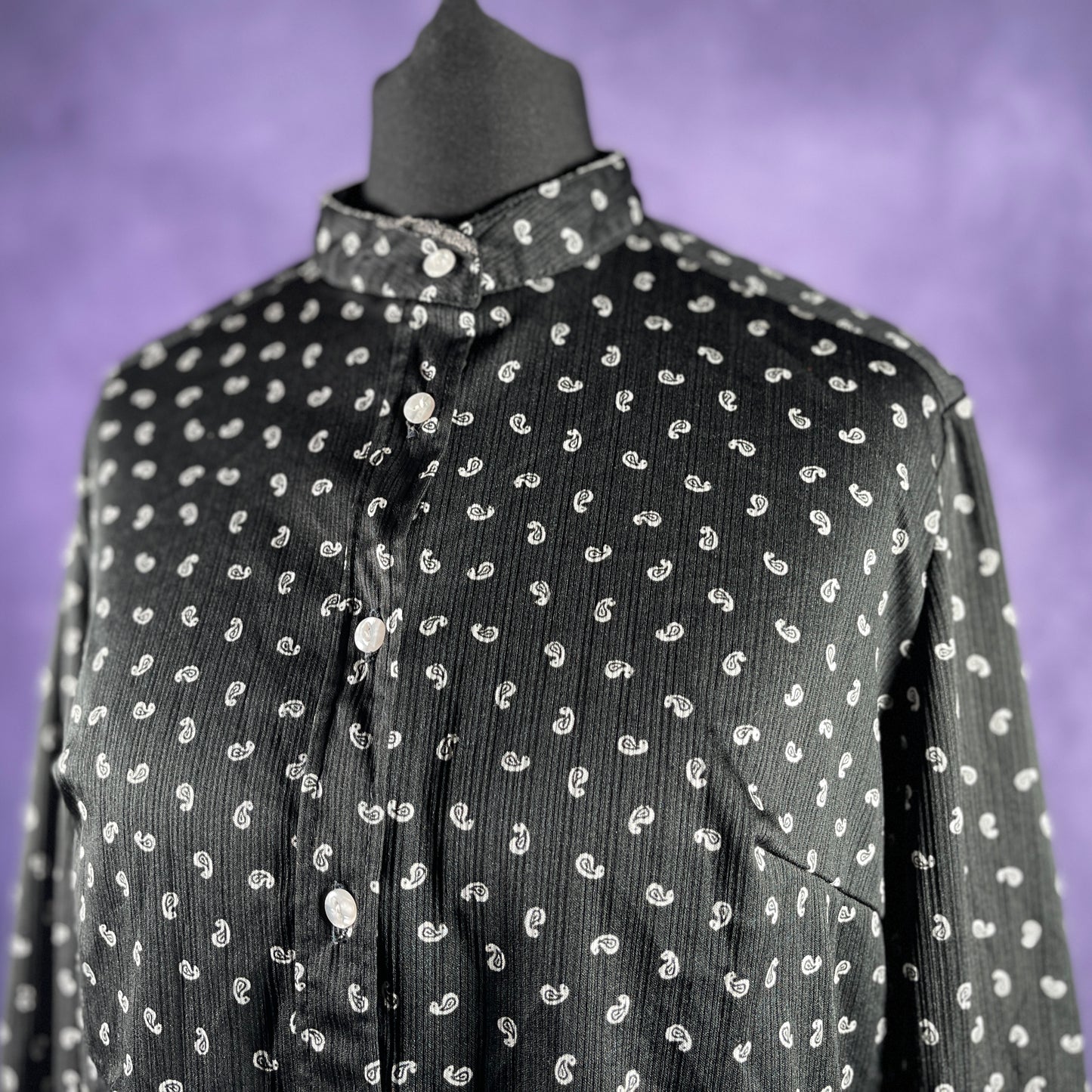 Vintage 1970s Cafe Collar Black White Paisely Womans Shirt