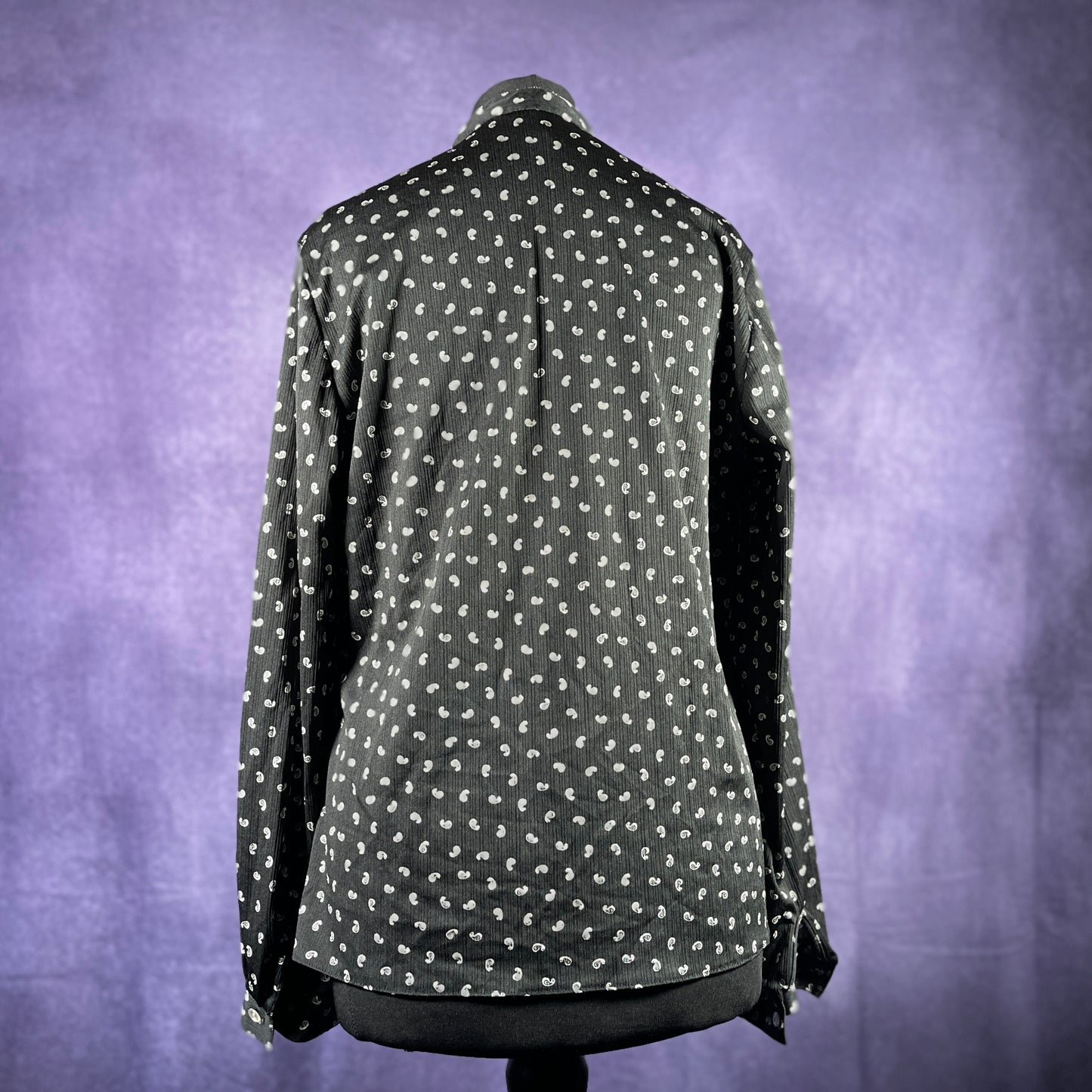 Vintage 1970s Cafe Collar Black White Paisely Womans Shirt