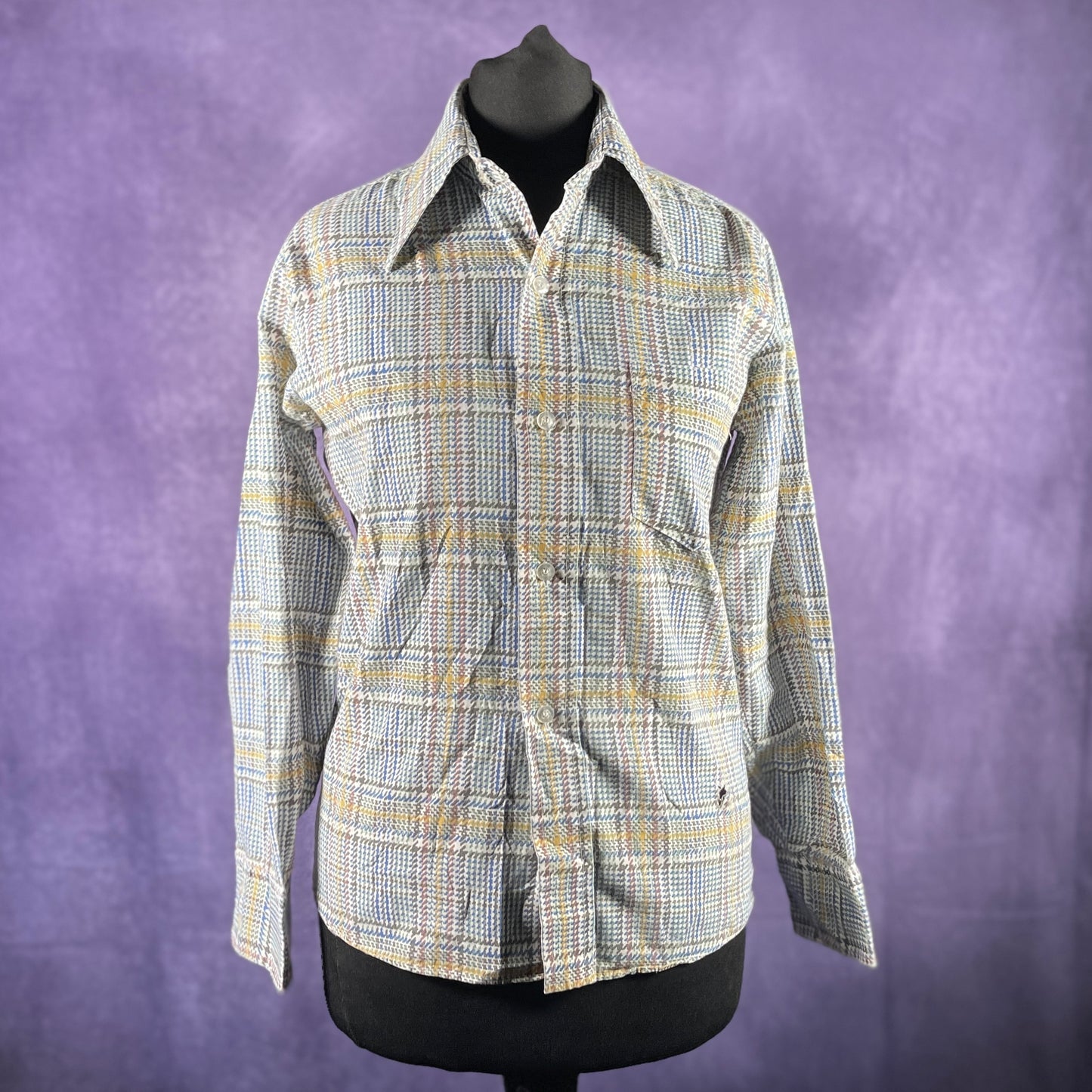 Vintage 1970s Montgomery Ward Womens Blue Brown Yellow Check Dagger Collar Shirt
