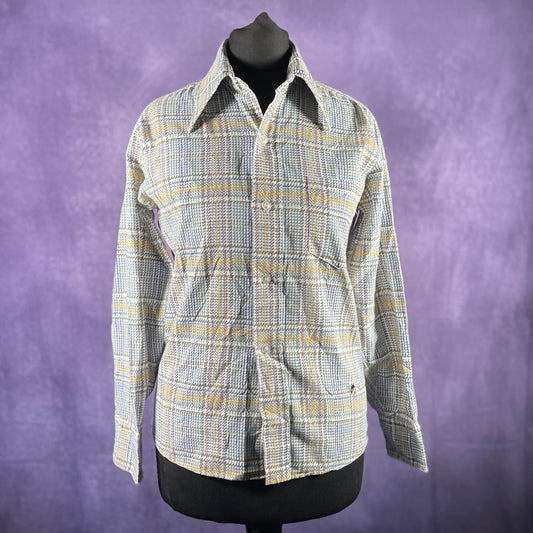 Vintage 1970s Montgomery Ward Womens Blue Brown Yellow Check Dagger Collar Shirt