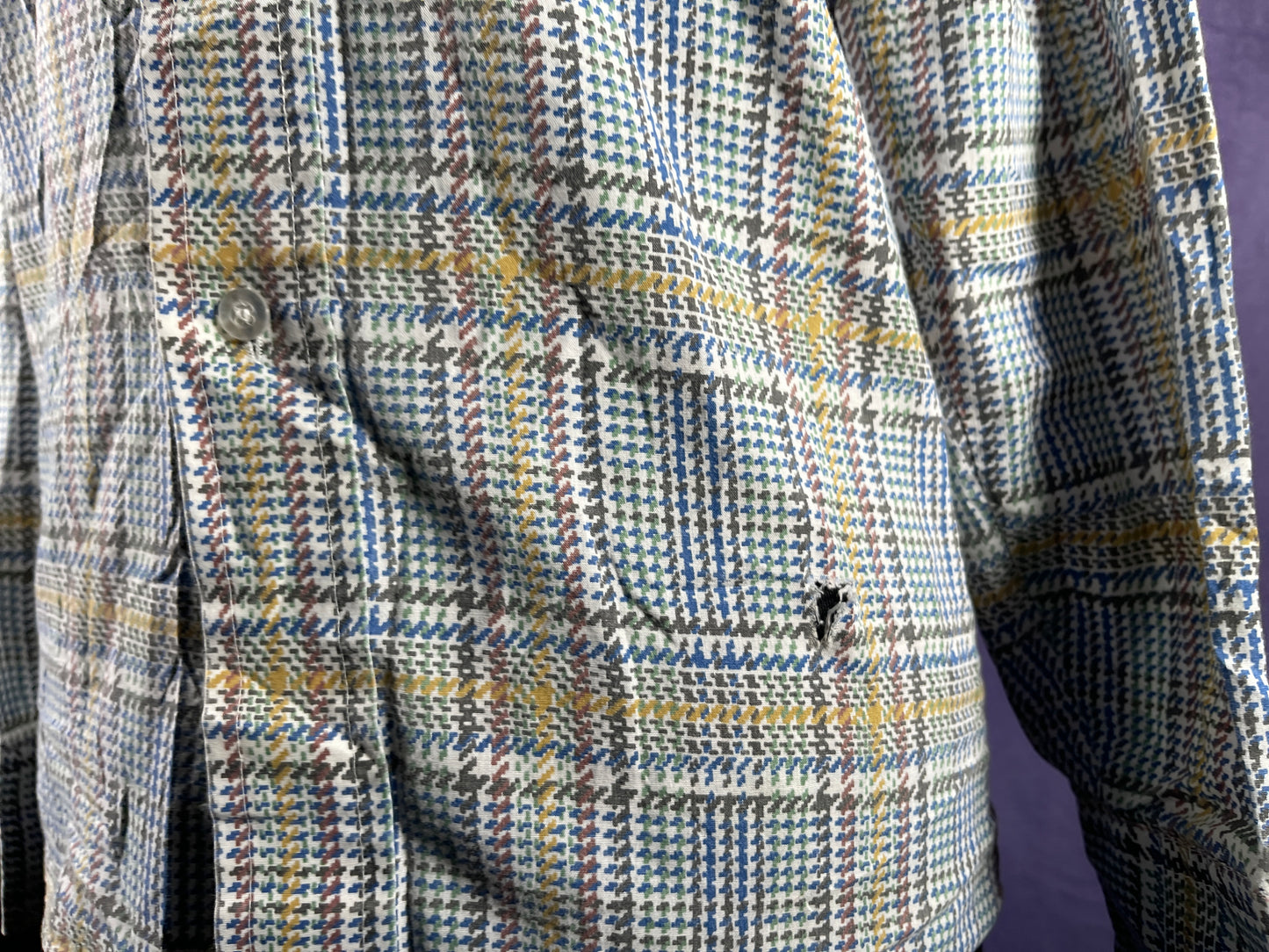 Vintage 1970s Montgomery Ward Womens Blue Brown Yellow Check Dagger Collar Shirt