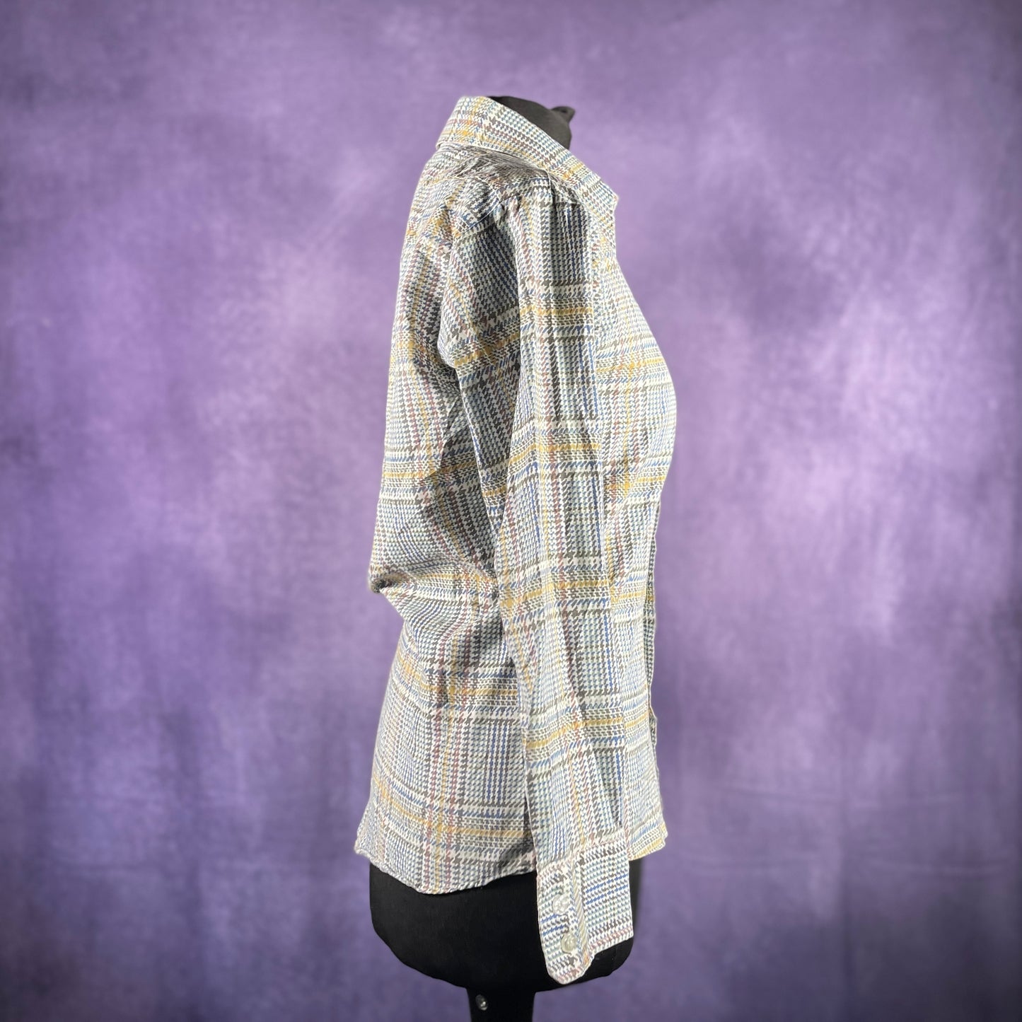 Vintage 1970s Montgomery Ward Womens Blue Brown Yellow Check Dagger Collar Shirt