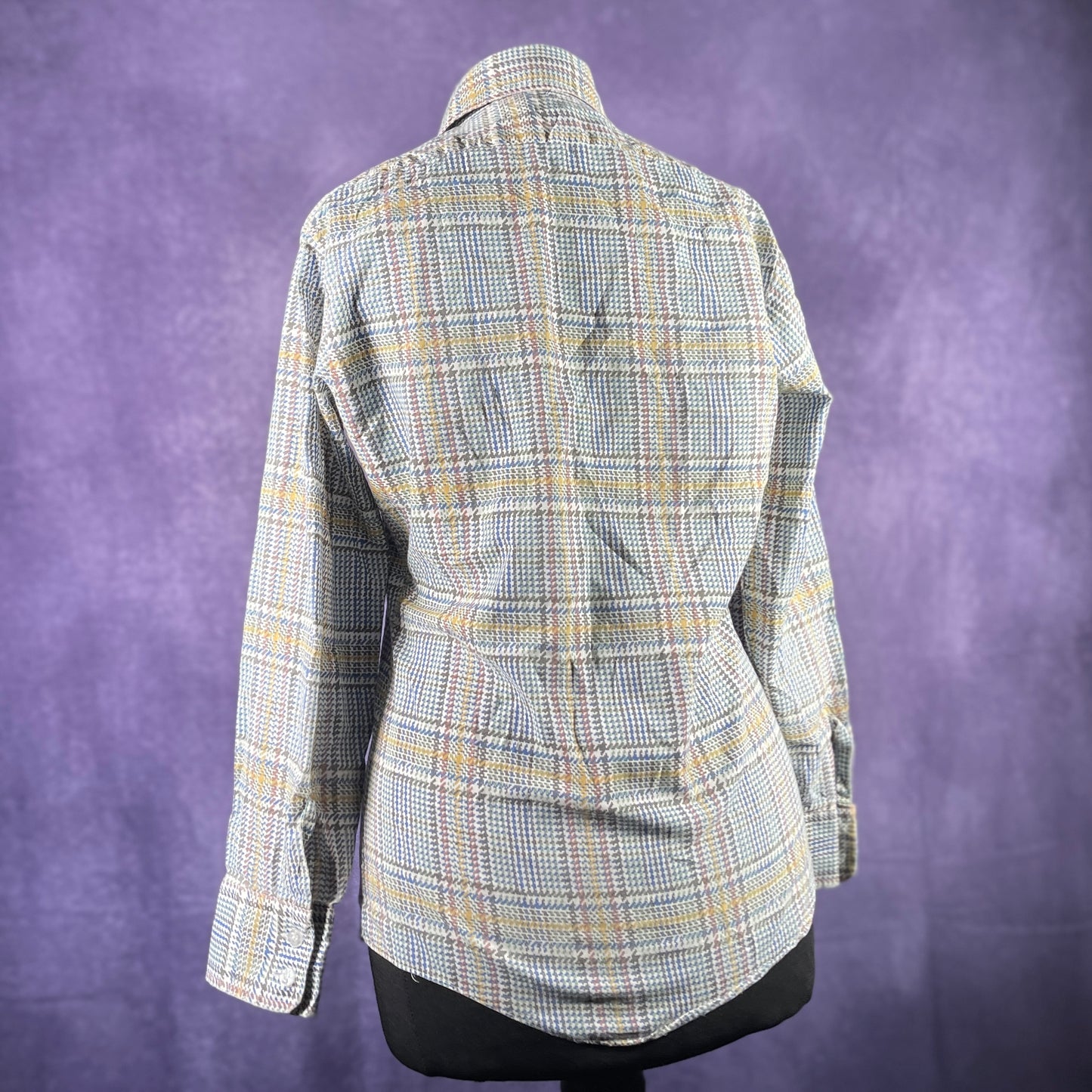 Vintage 1970s Montgomery Ward Womens Blue Brown Yellow Check Dagger Collar Shirt