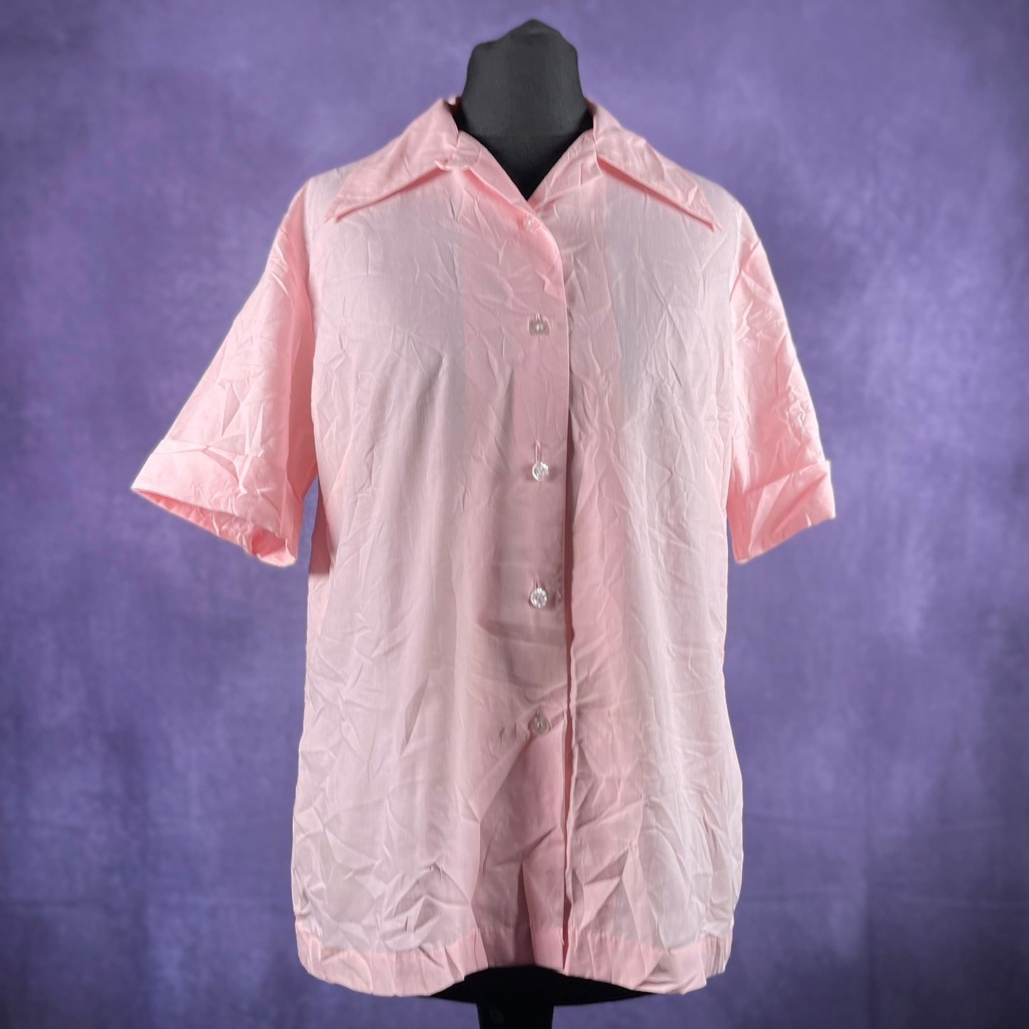 Vintage Miss K Pink Dagger Collar Women's Shirt Pink Short Sleeve
